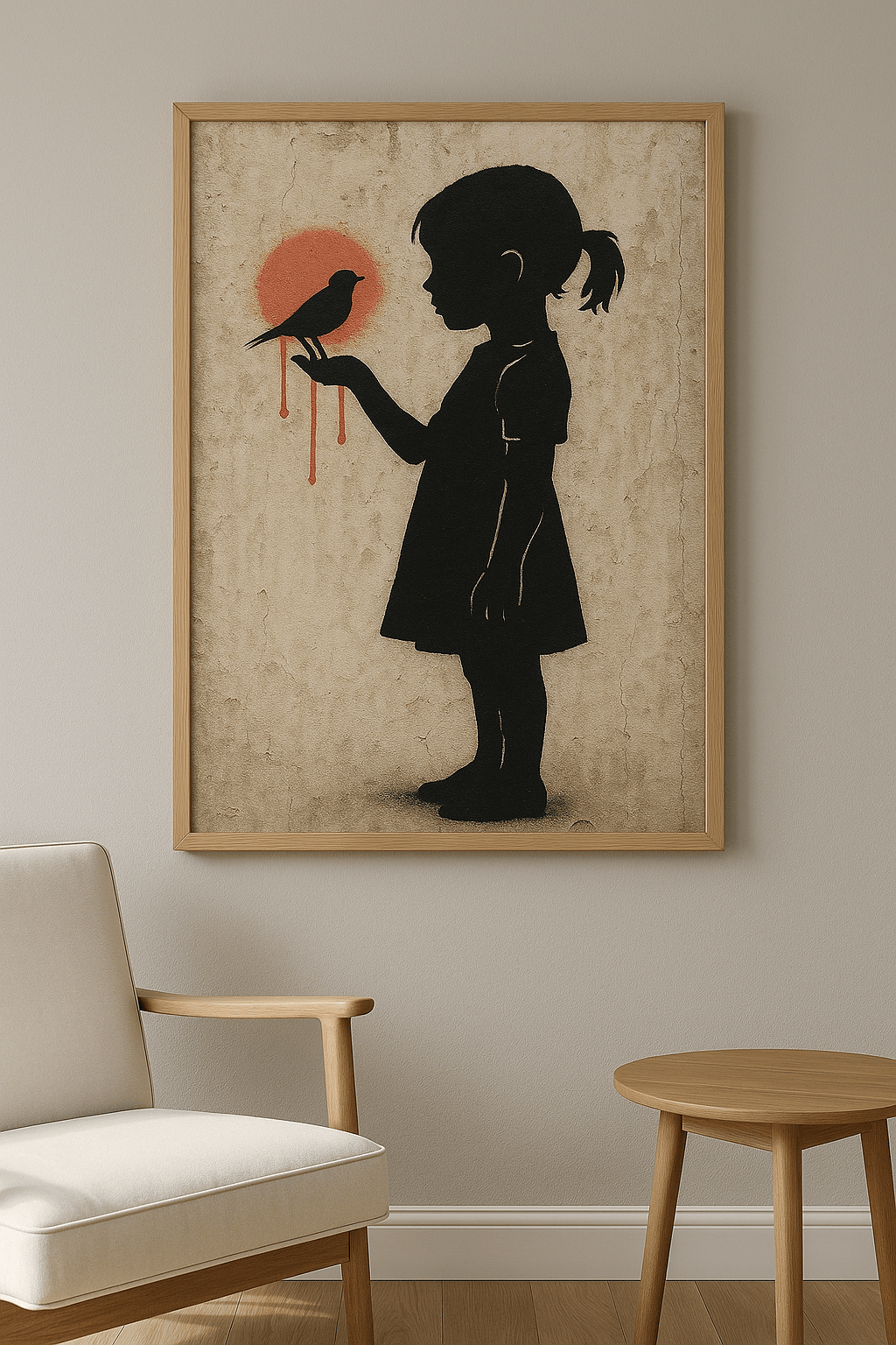 Scarlet Dove Silence wanddecoratie in interieur, eikenhouten lijst