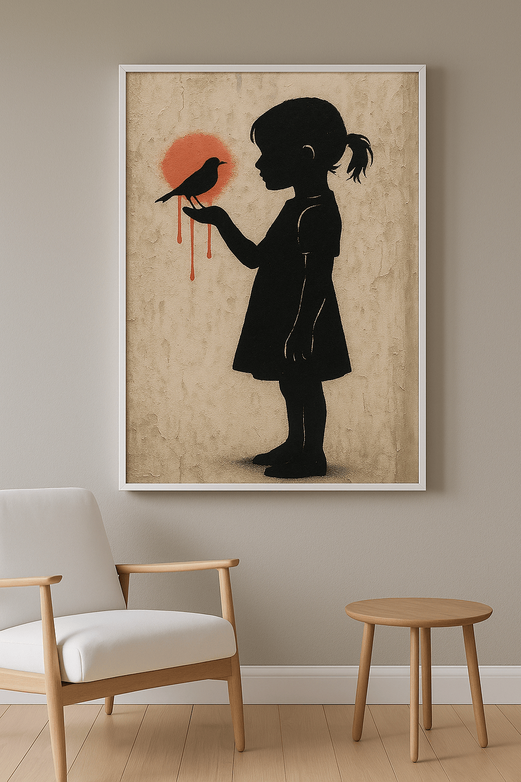 Scarlet Dove Silence wanddecoratie in interieur, witte lijst