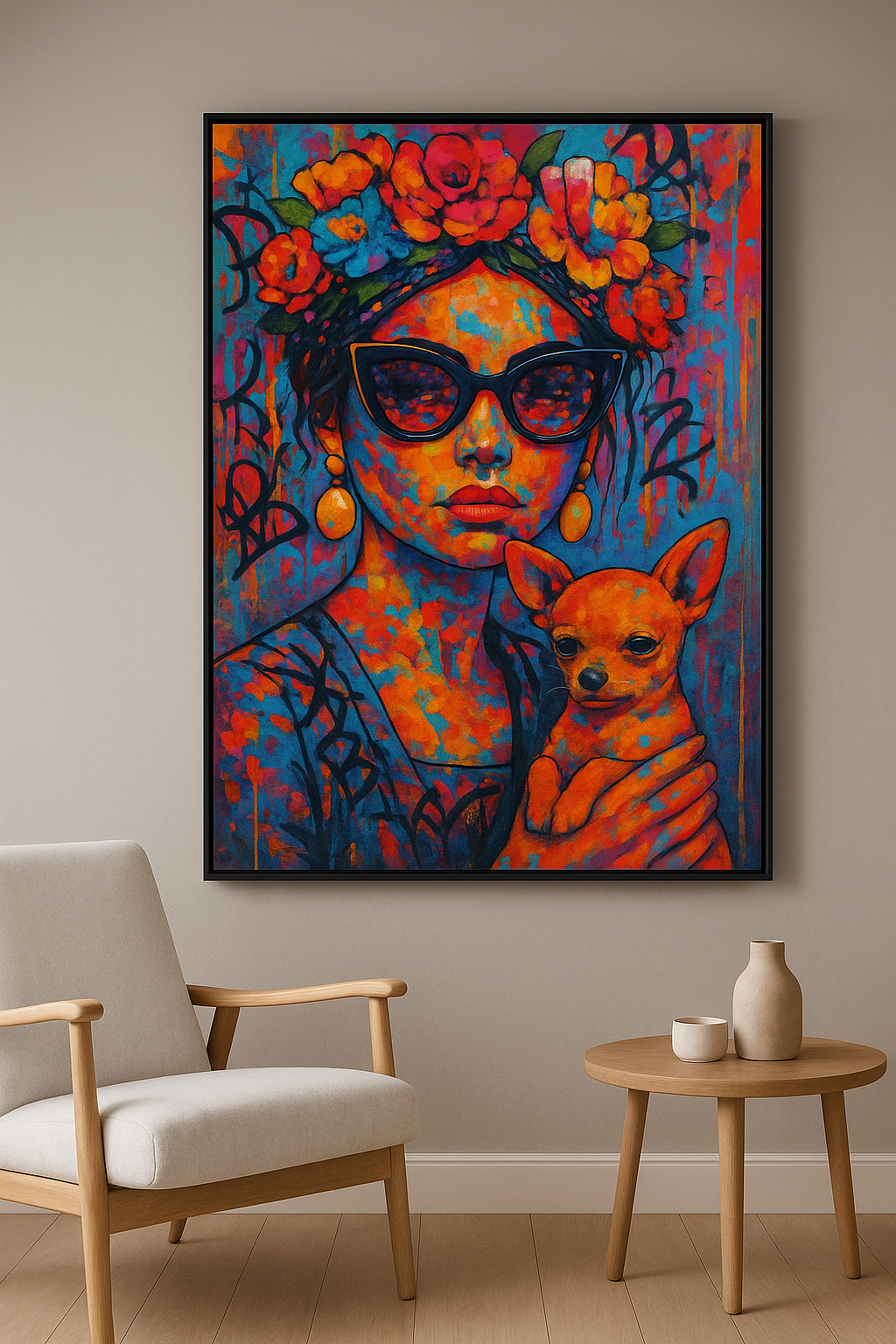 Bloemendiva wanddecoratie in interieur, zwarte lijst