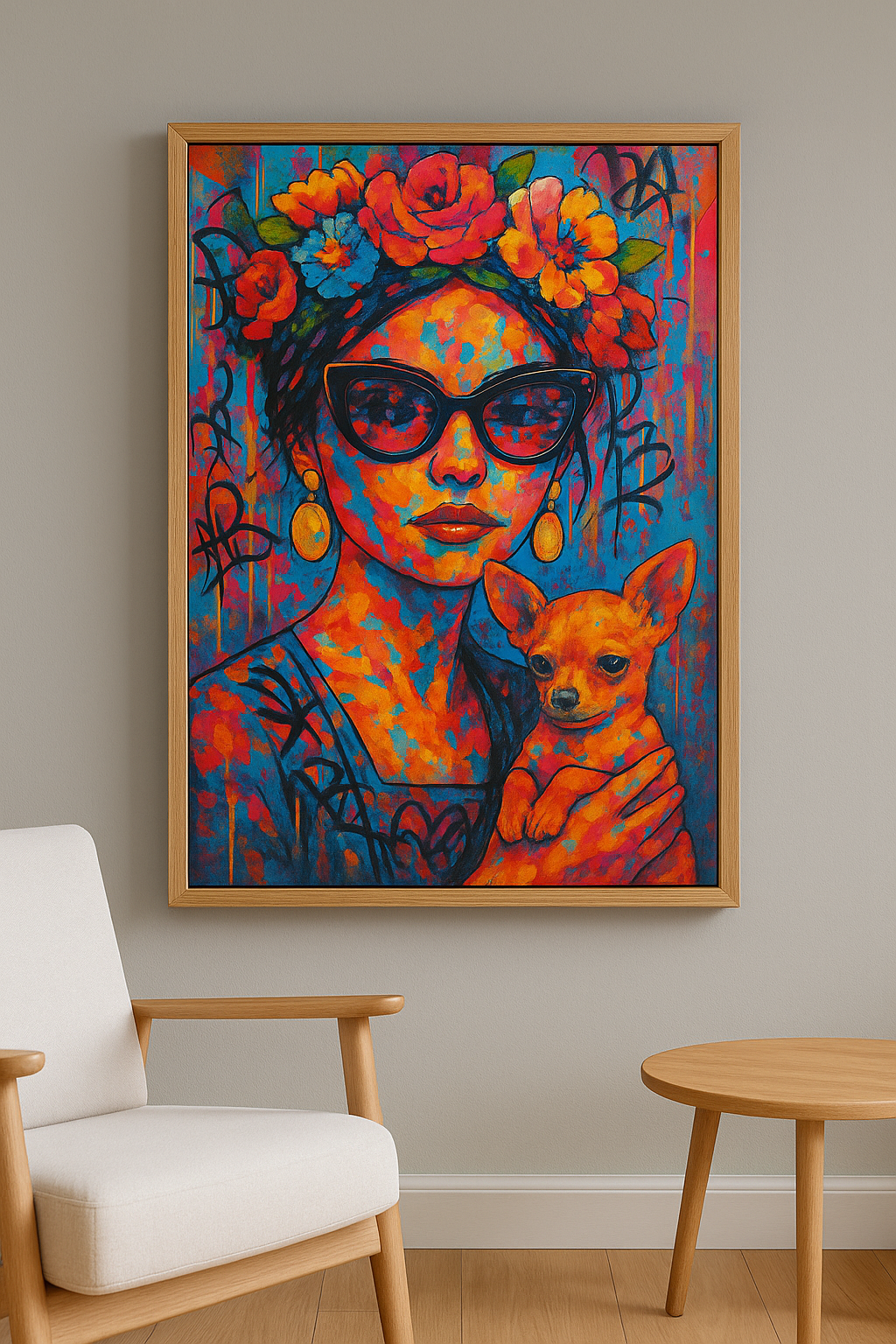 Bloemendiva wanddecoratie in interieur, eikenhouten lijst
