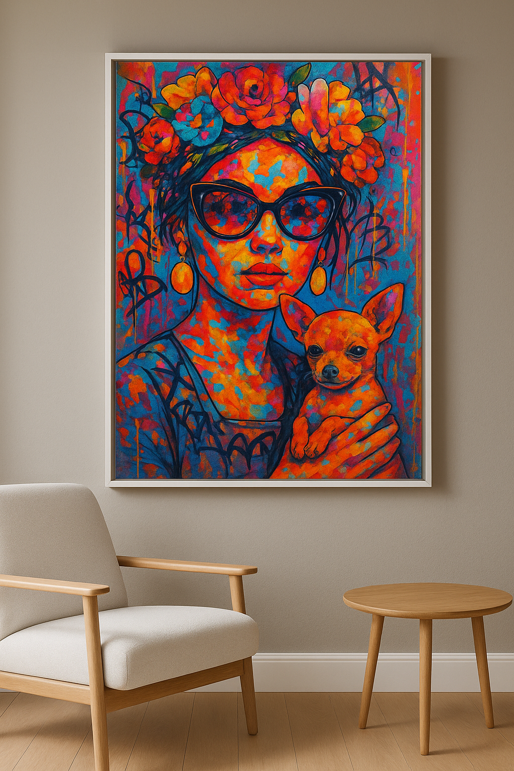 Bloemendiva wanddecoratie in interieur, witte lijst