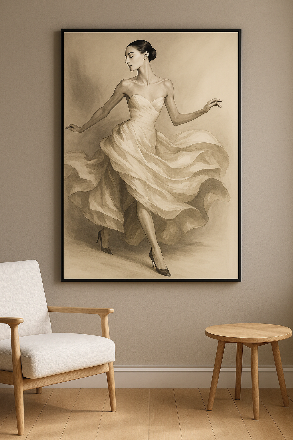 Haute Couture in Motion wanddecoratie in interieur, zwarte lijst