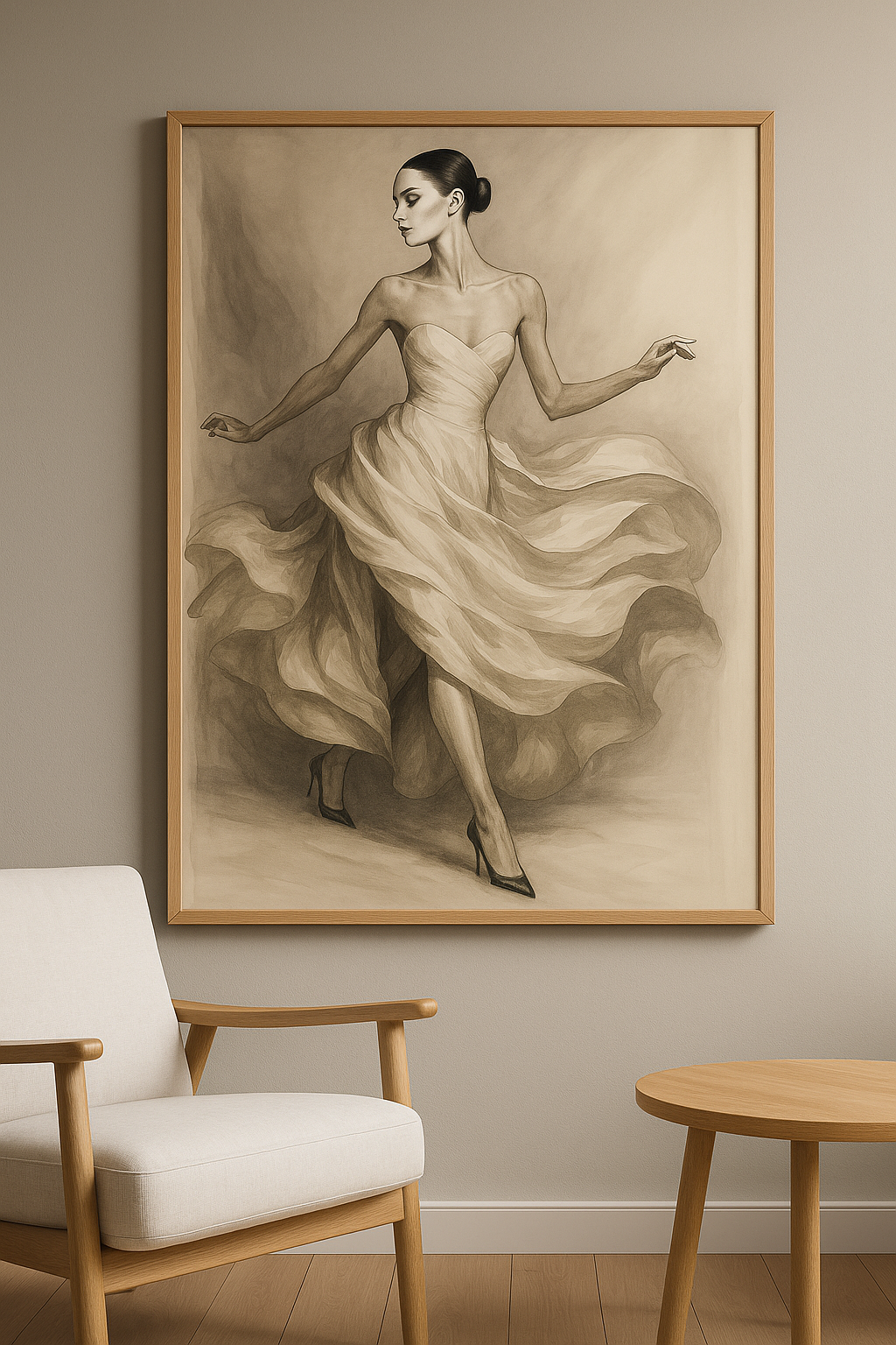 Haute Couture in Motion wanddecoratie in interieur, eikenhouten lijst