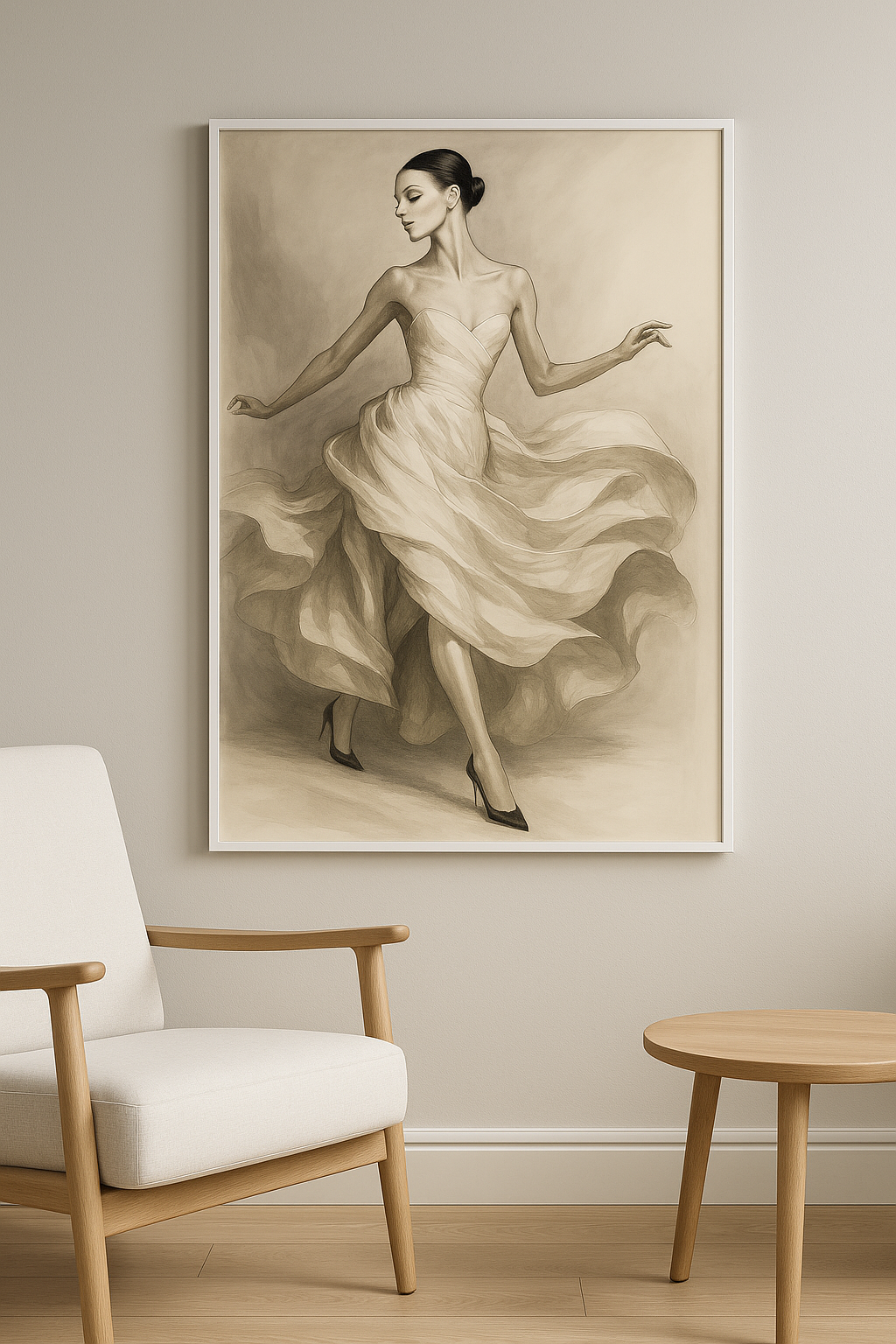 Haute Couture in Motion wanddecoratie in interieur, witte lijst