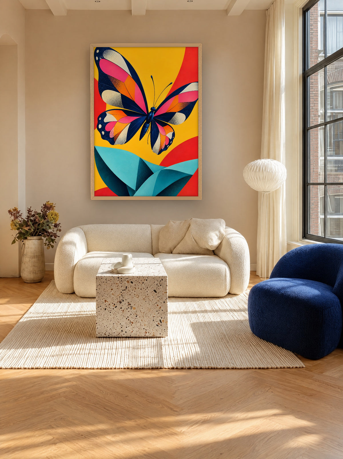 Nachtblauwe Vlinder boven Turquoise Vouw met natuur houten lijst aan de muur