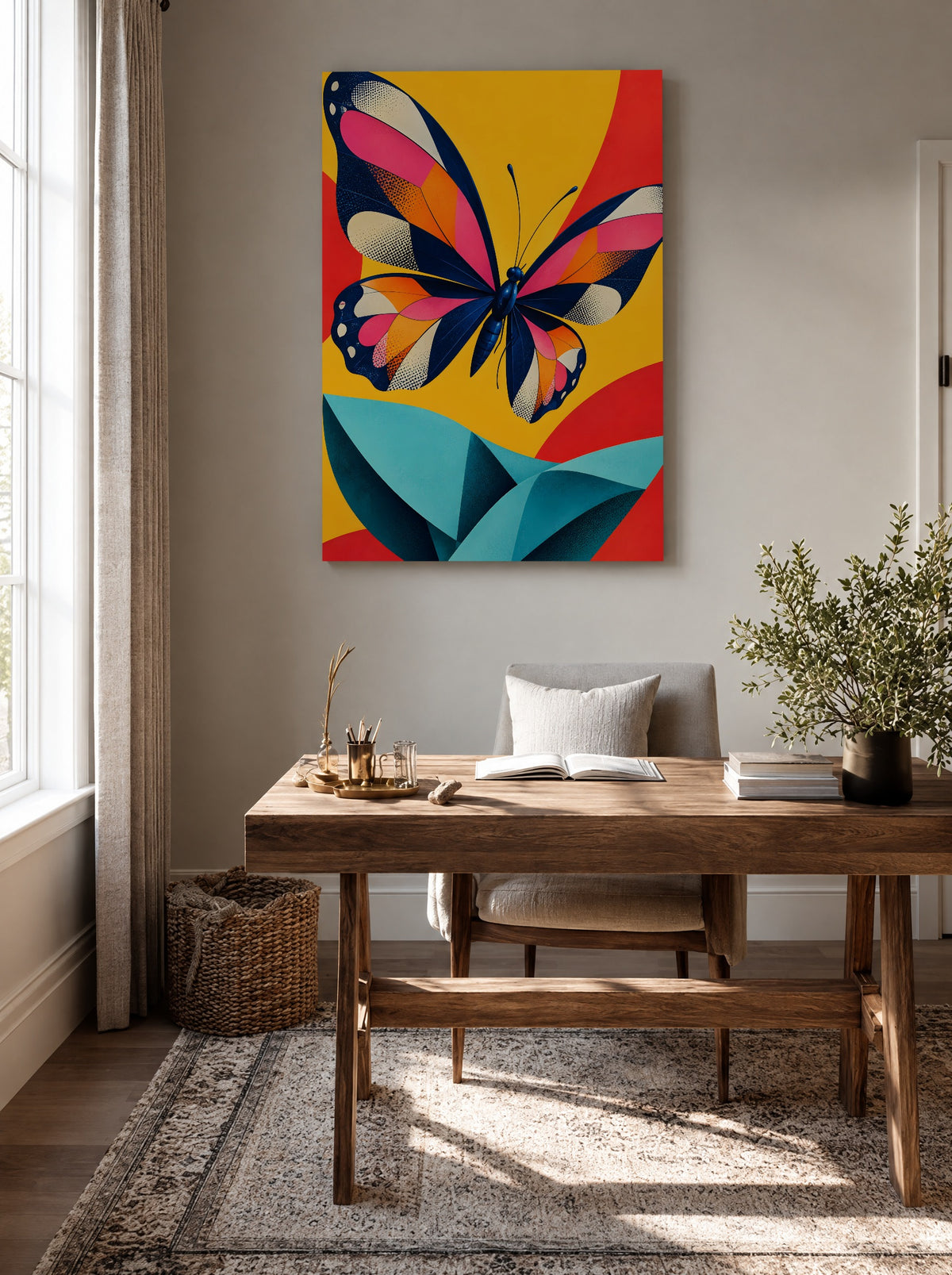 Nachtblauwe Vlinder boven Turquoise Vouw als canvas zonder lijst aan de muur