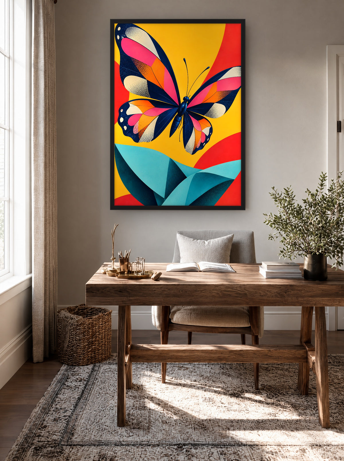 Nachtblauwe Vlinder boven Turquoise Vouw met zwarte lijst aan de muur