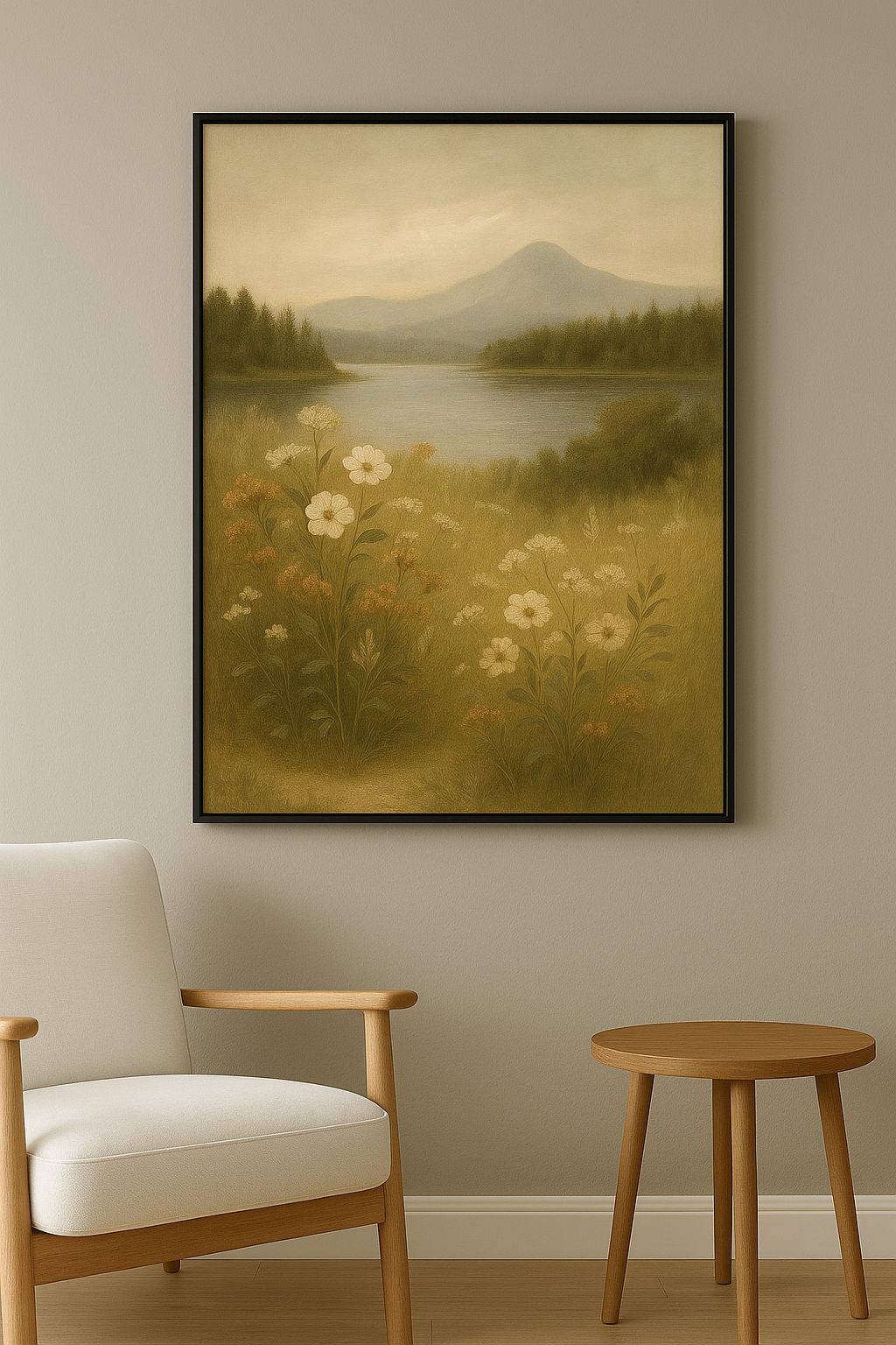 Natuur wanddecoratie in interieur, zwarte lijst