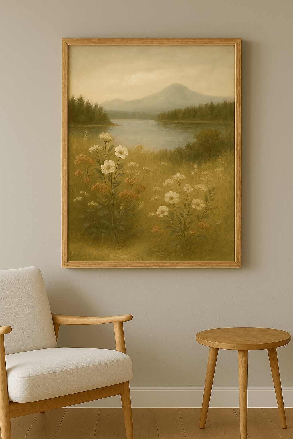 Bloemenweide bij het Bergmeer Schilderij - interieurmockup eiken lijst