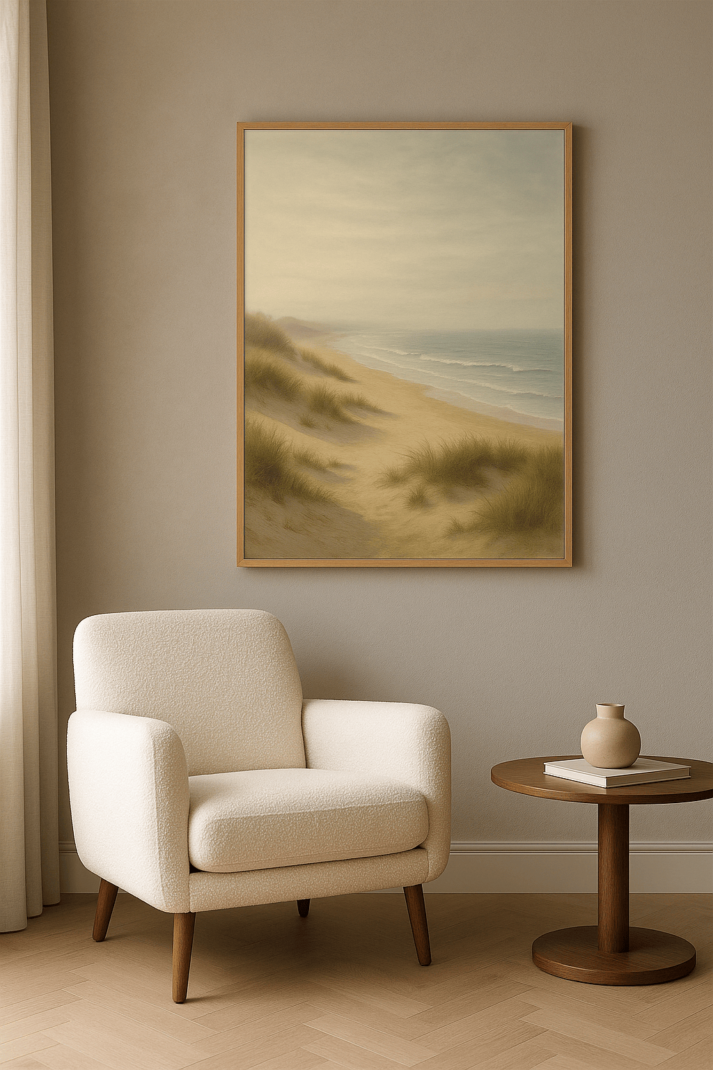 Kust wanddecoratie met eiken lijst in woonkamer