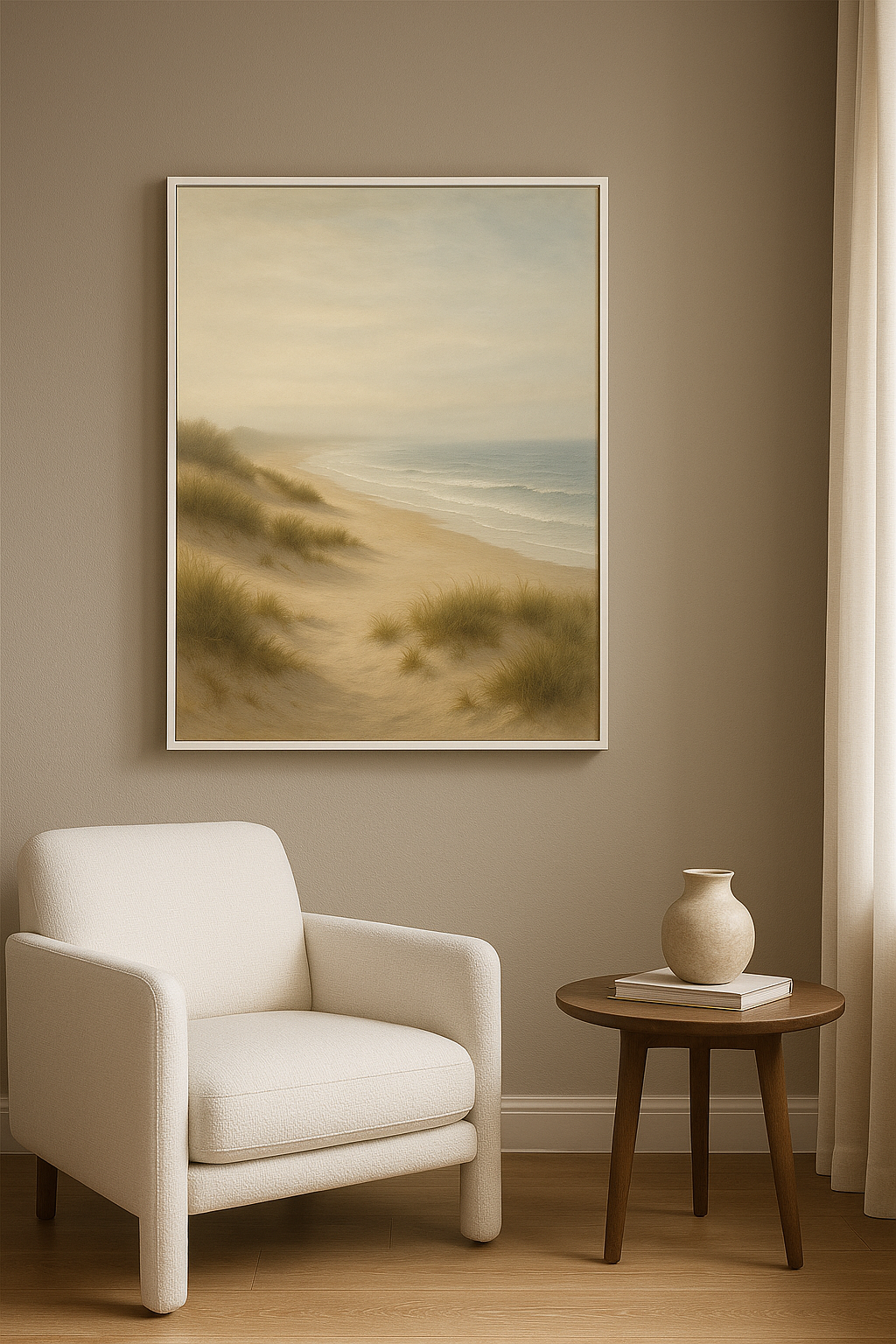 Kust wanddecoratie met witte lijst in woonkamer