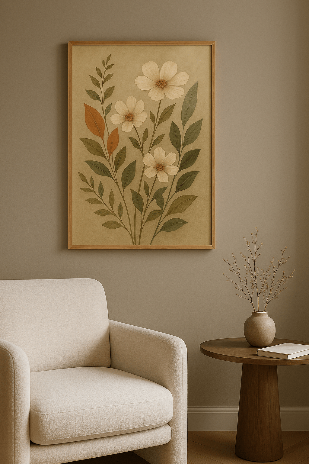 Botanische bloemen wanddecoratie met eiken lijst in woonkamer