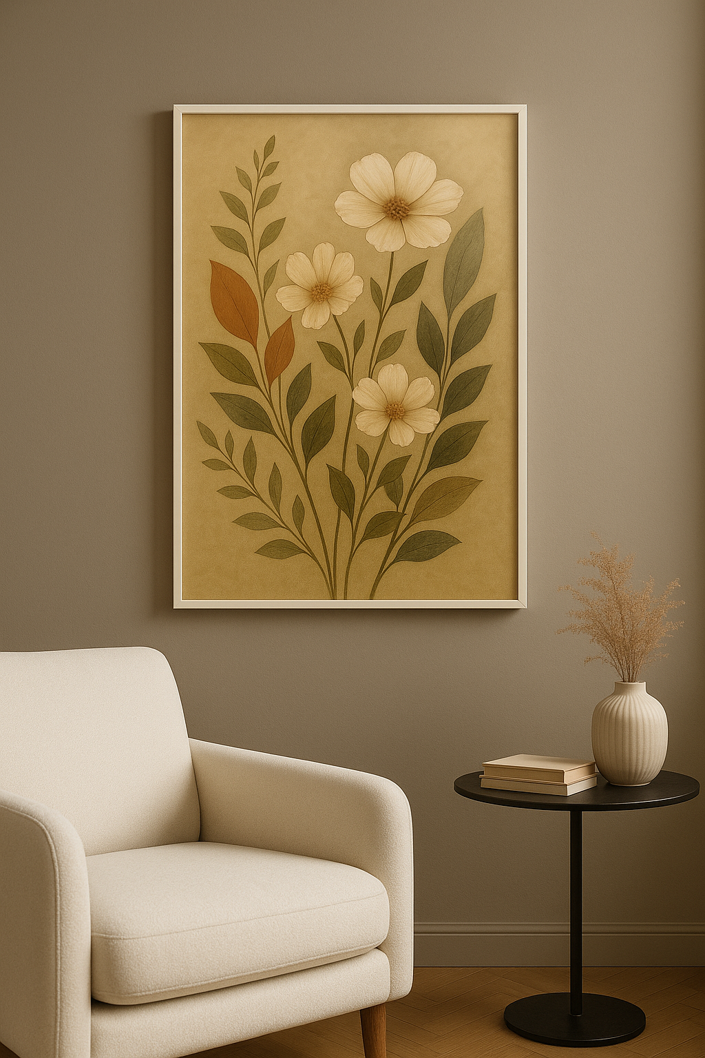 Botanische bloemen wanddecoratie met witte lijst in woonkamer