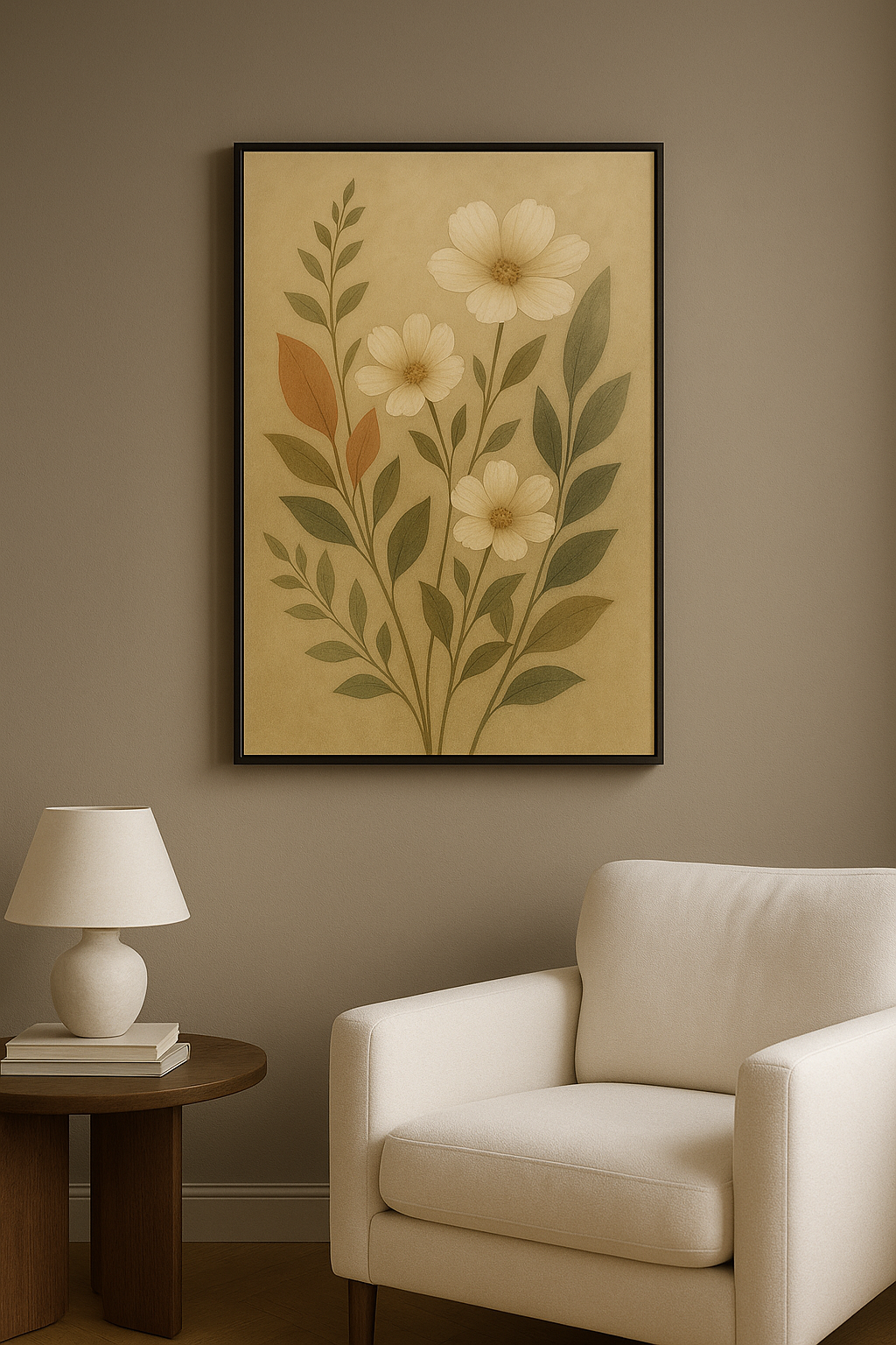 Botanische bloemen wanddecoratie met zwarte lijst in woonkamer