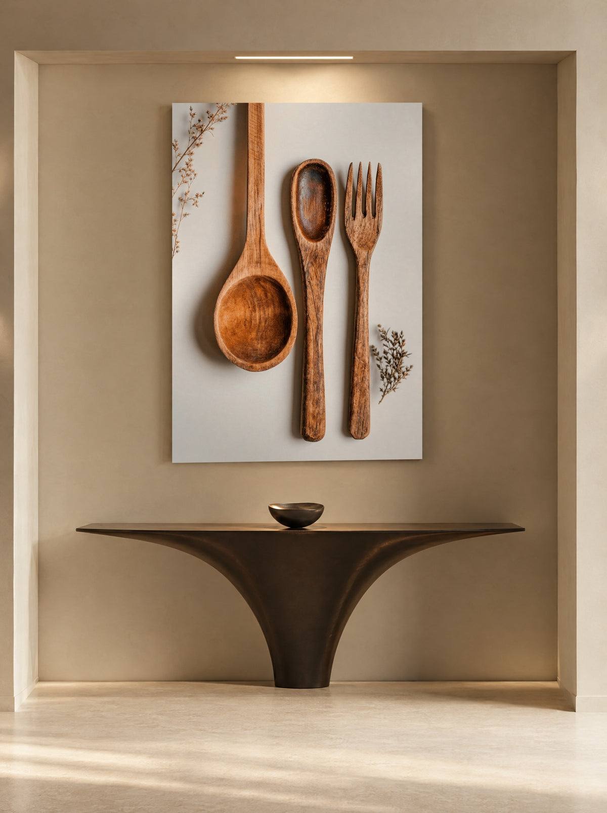 Natuurlijk Houten Keukengerei als canvas zonder lijst aan de muur