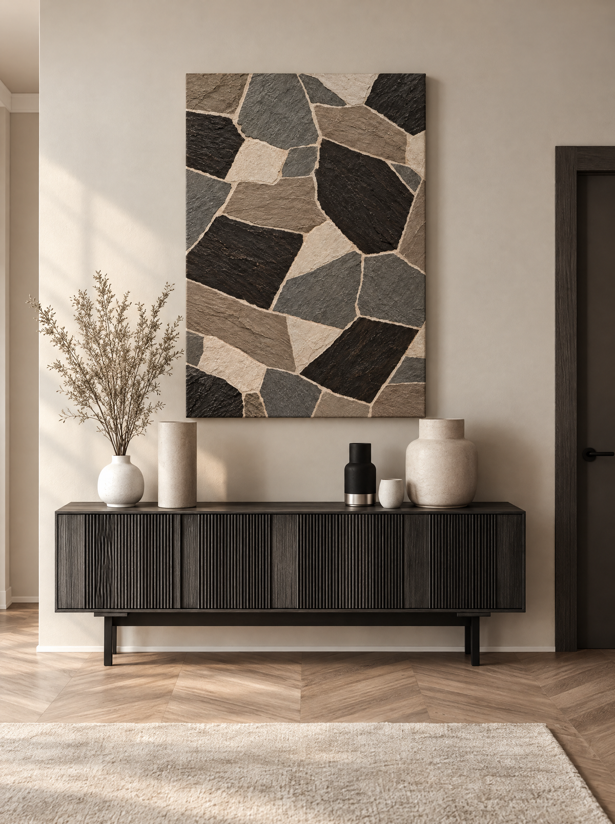 Natuursteen Mozaïek in Taupe als canvas zonder lijst aan de muur