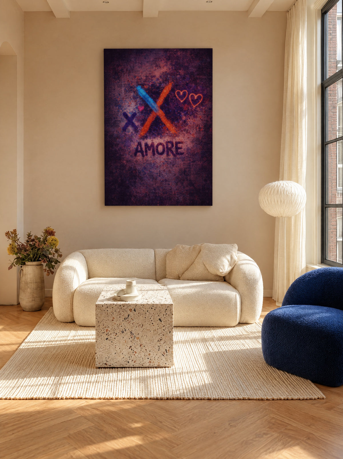 Neon Liefde X als canvas zonder lijst aan de muur