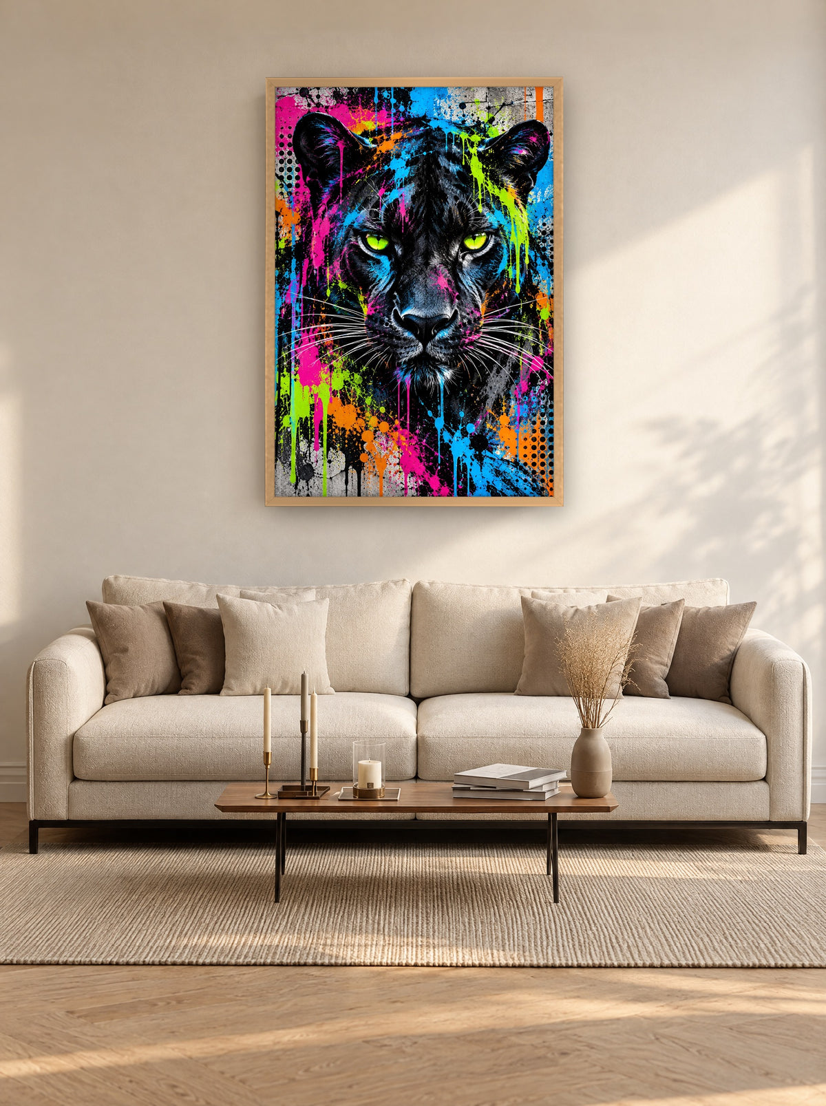 Neon Panter Streetart met natuur houten lijst aan de muur