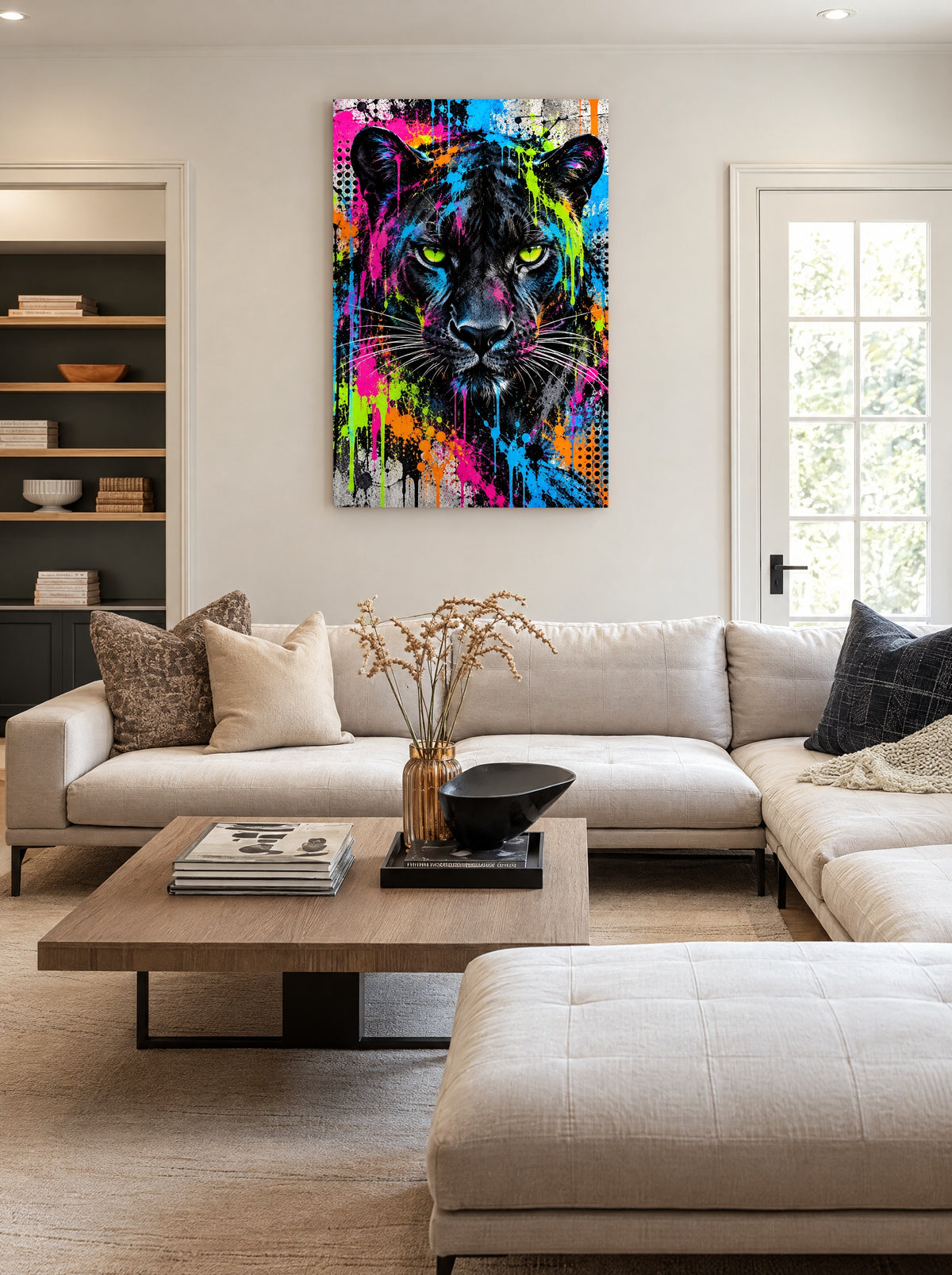 Neon Panter Streetart als canvas zonder lijst aan de muur