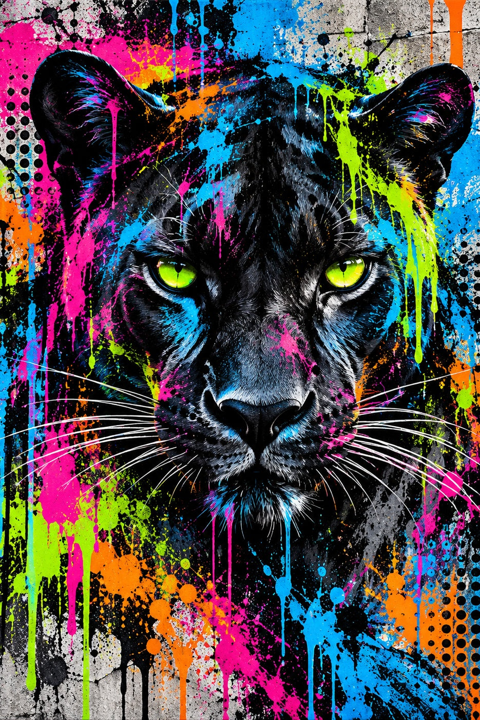 Neon Panter Streetart: een zwarte panter met felgroene ogen komt uit een muur van verfspatten