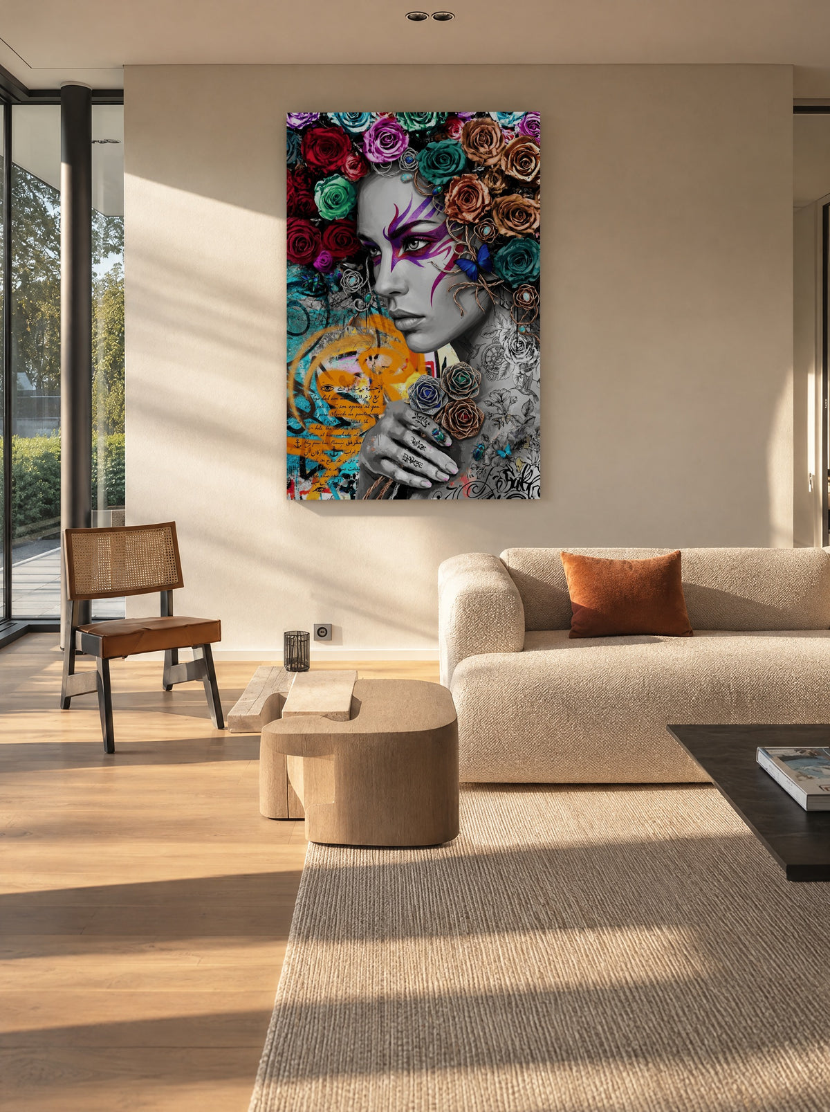 Neon Roos in Droomchaos als canvas zonder lijst aan de muur