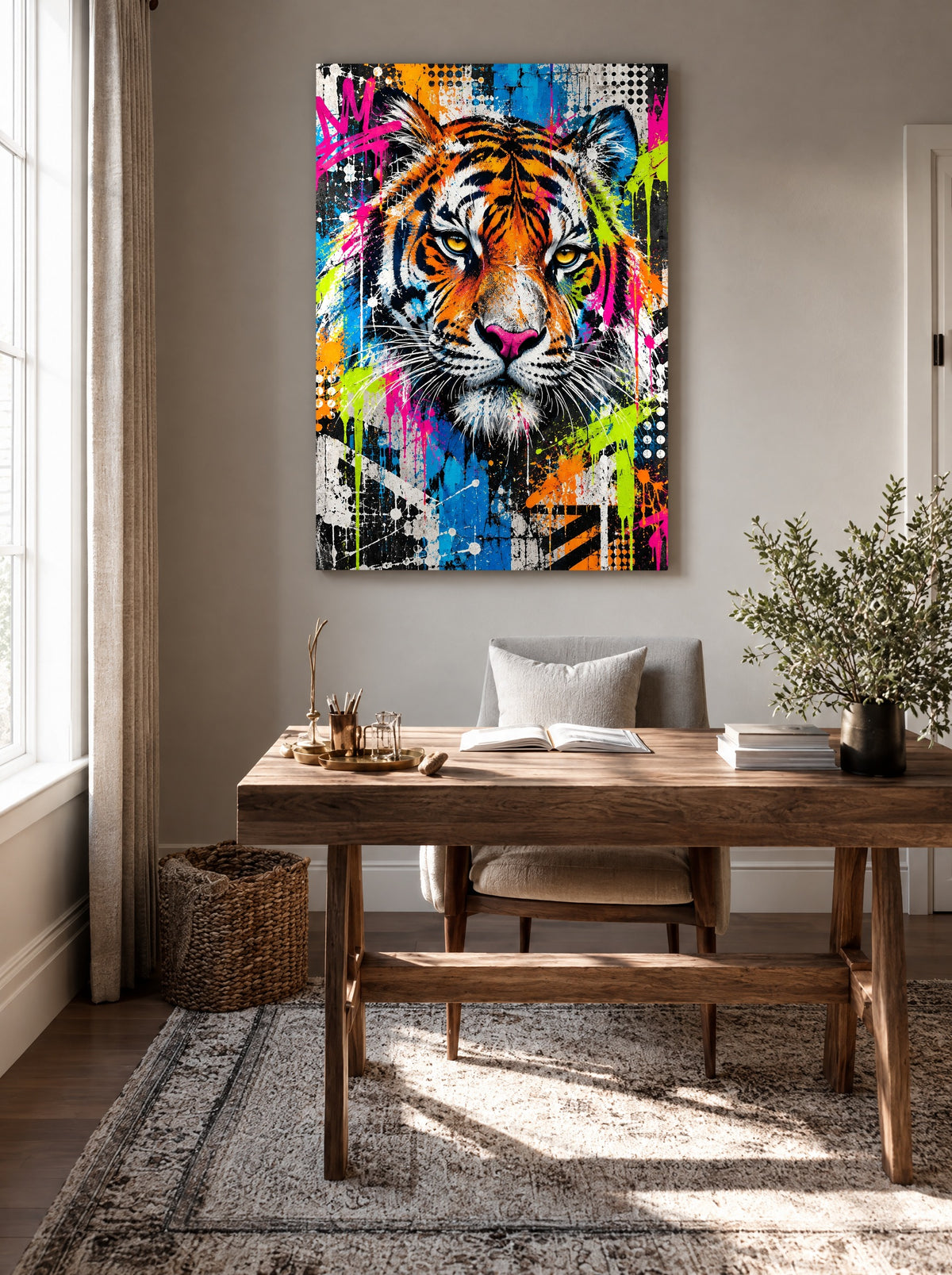 Neon Tijger Streetart als canvas zonder lijst aan de muur