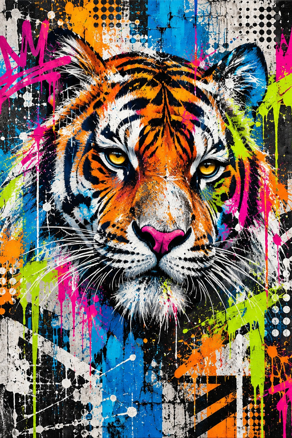 Neon Tijger Streetart: een tijger met gouden ogen kijkt je recht aan