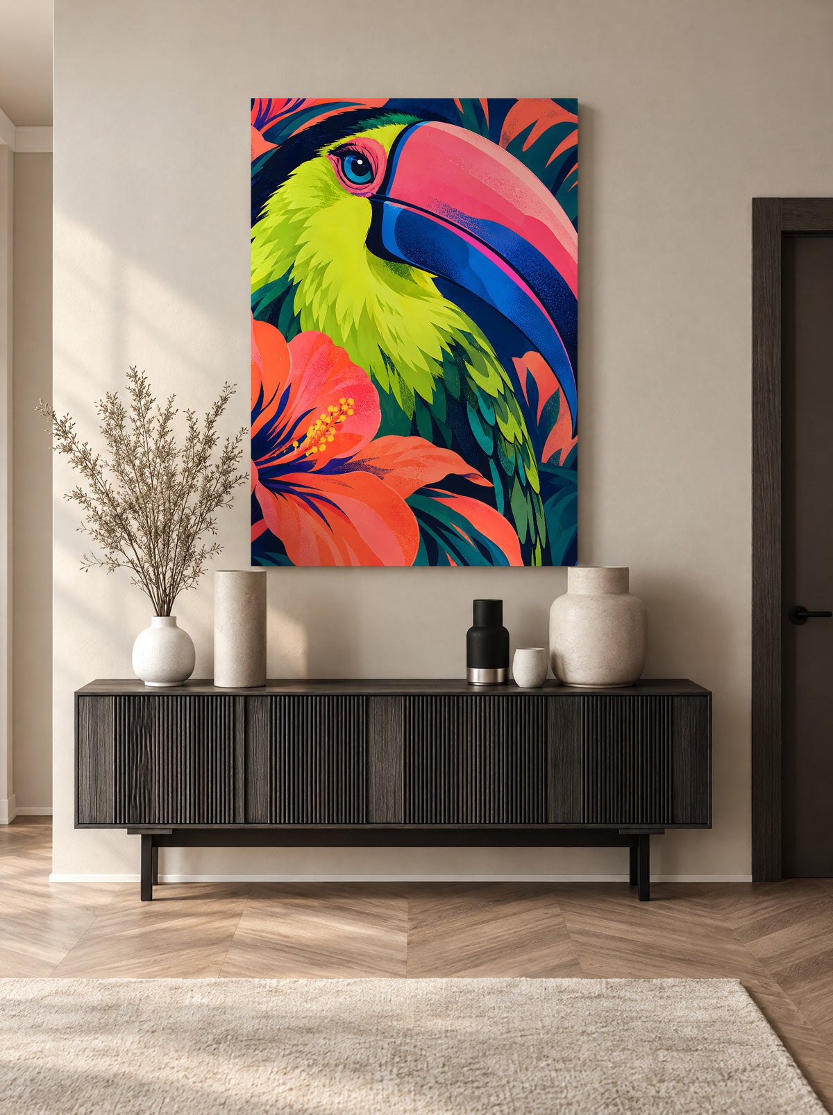 Neon Toekan tussen Koraalbloemen als canvas zonder lijst aan de muur