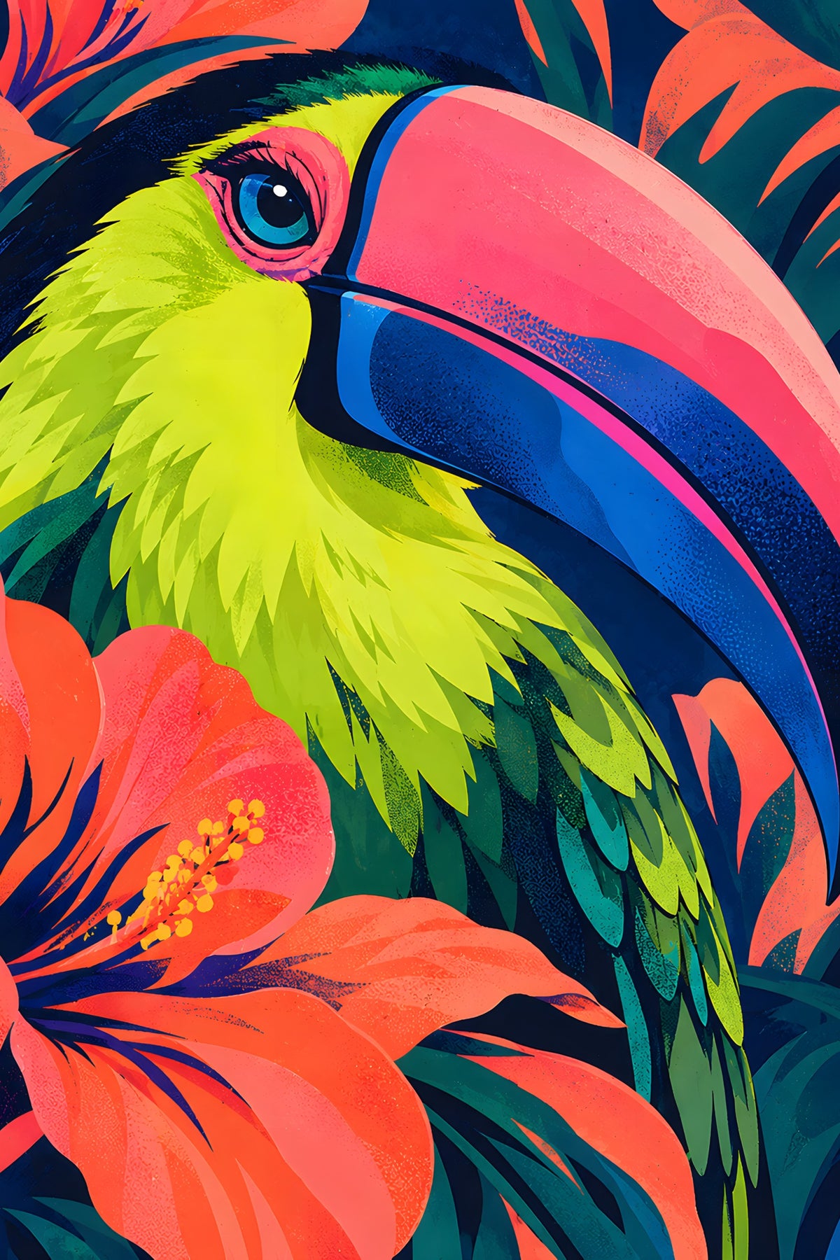Neon Toekan tussen Koraalbloemen popart canvas schilderij
