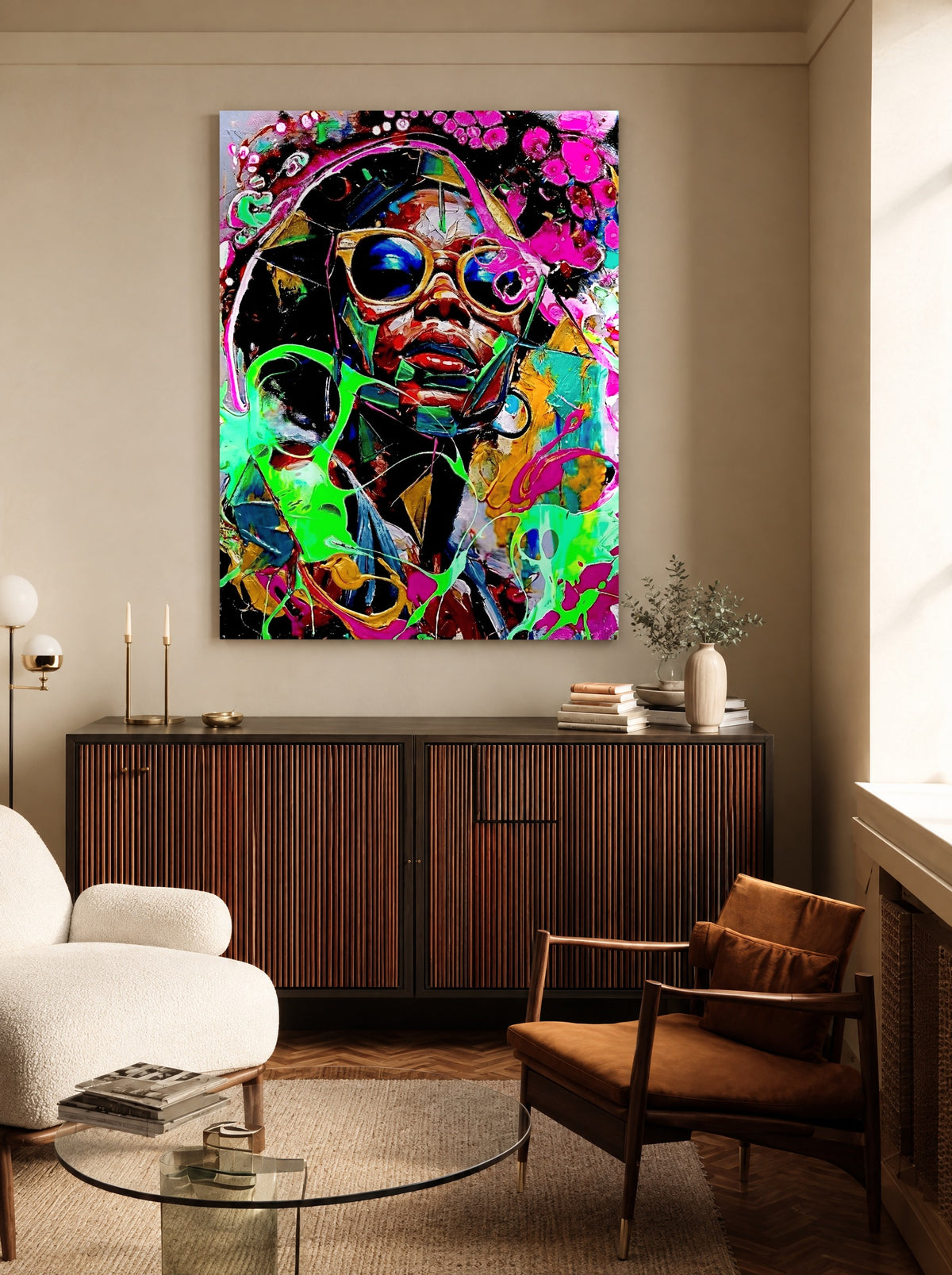 Neon Urban Muse Explosion als canvas zonder lijst aan de muur