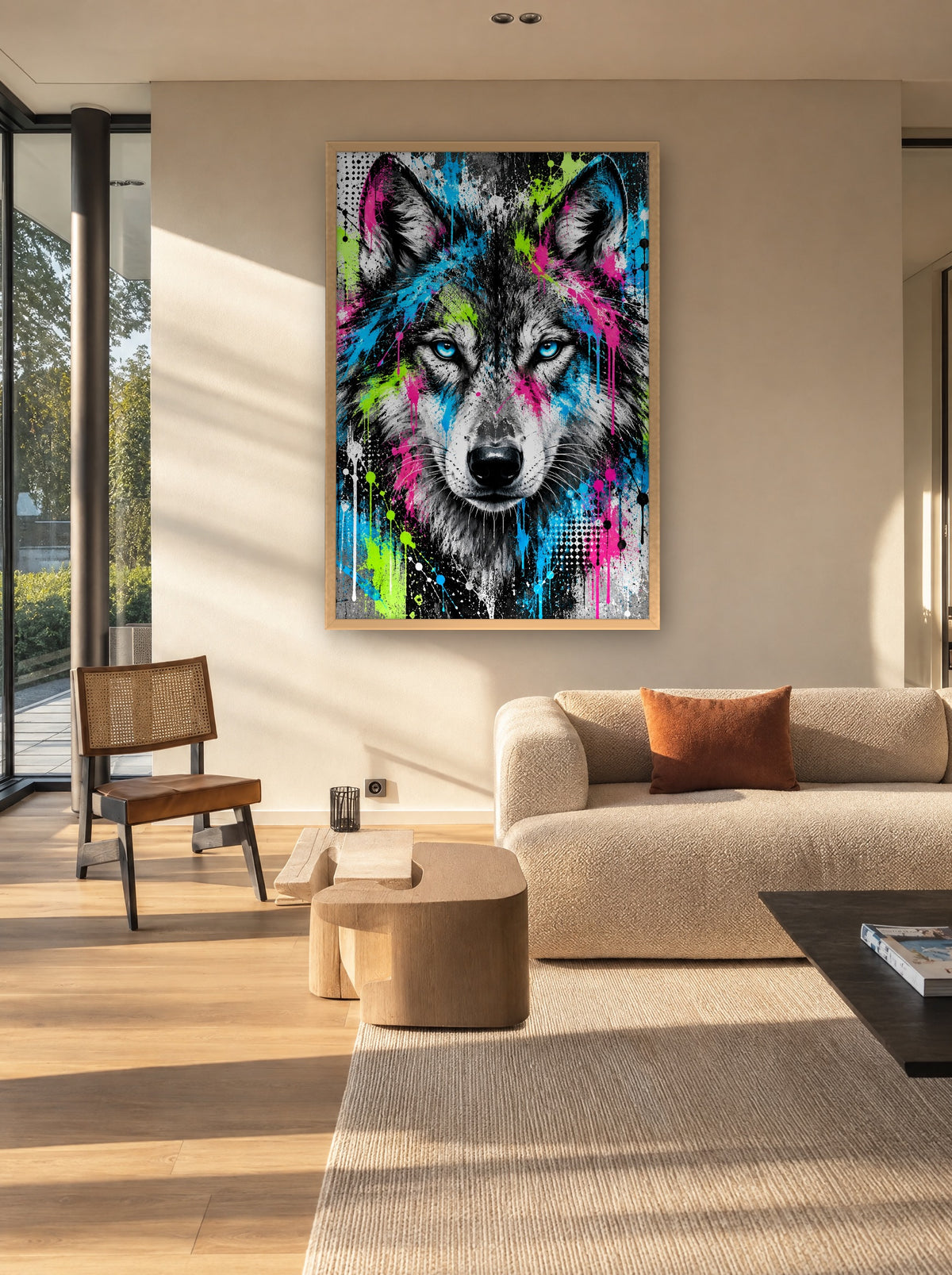 Neon Wolf Streetart met natuur houten lijst aan de muur