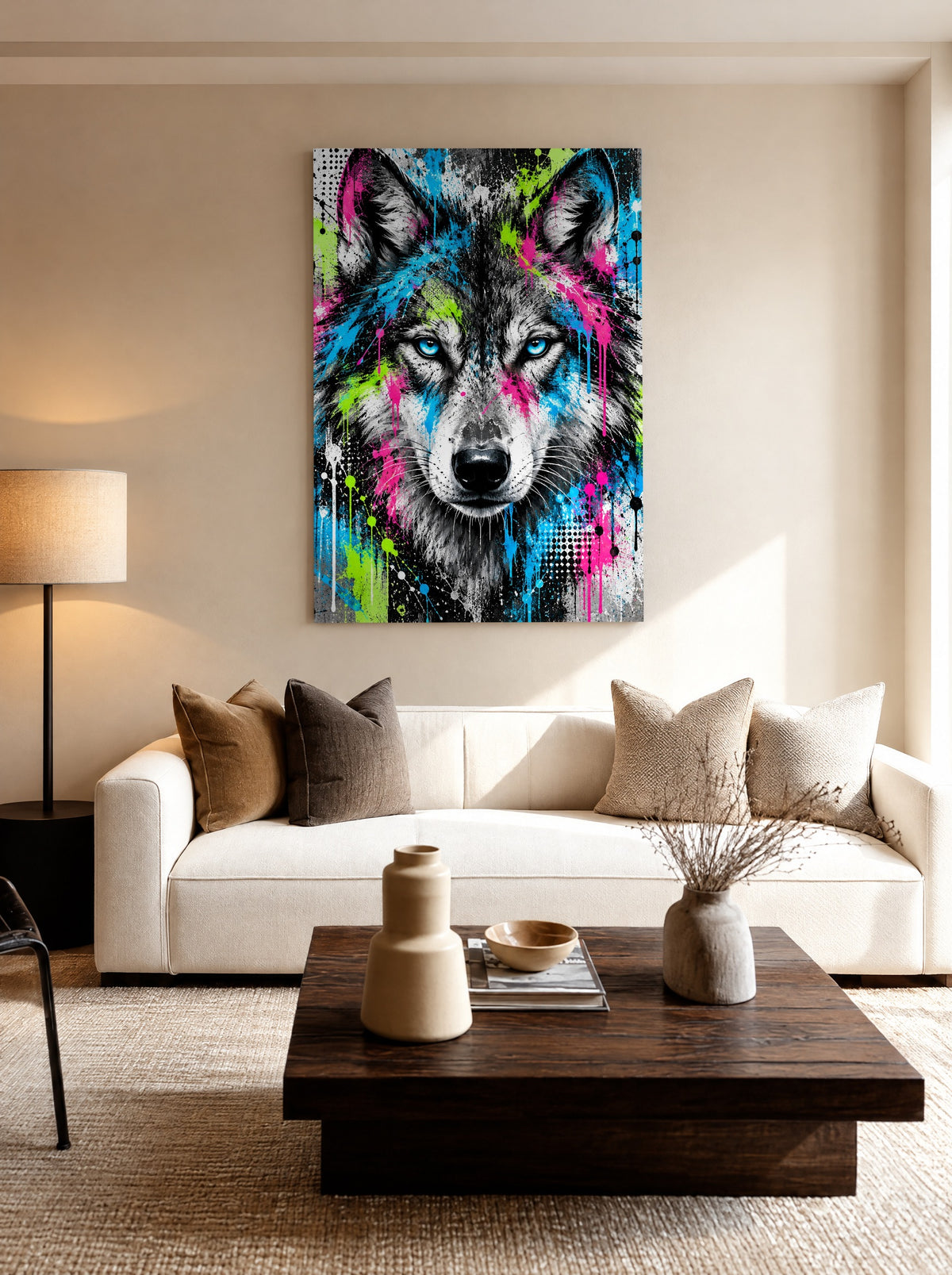 Neon Wolf Streetart als canvas zonder lijst aan de muur