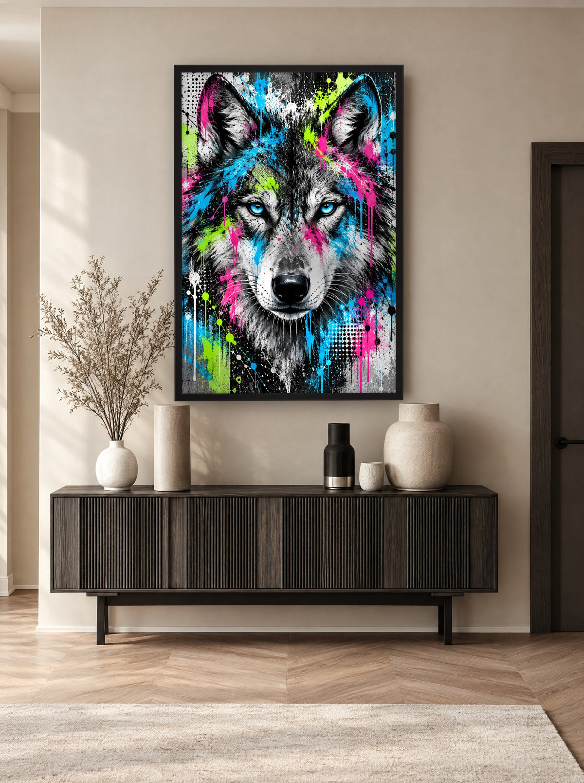 Neon Wolf Streetart met zwarte lijst aan de muur