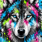 Neon Wolf Streetart: een wolf kijkt je recht aan met ijsblauwe ogen