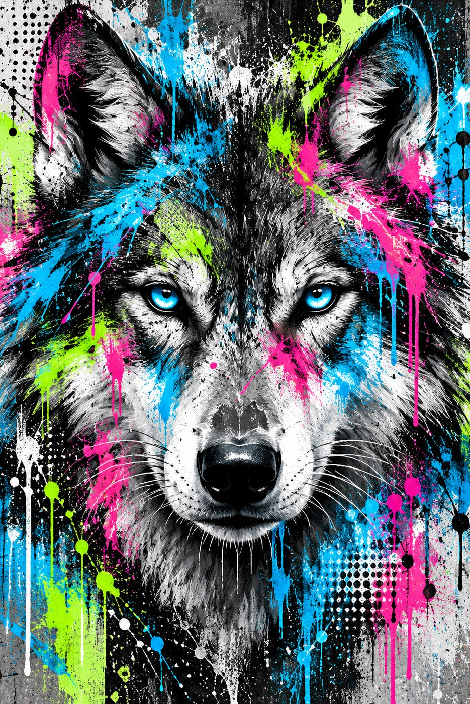 Neon Wolf Streetart: een wolf kijkt je recht aan met ijsblauwe ogen