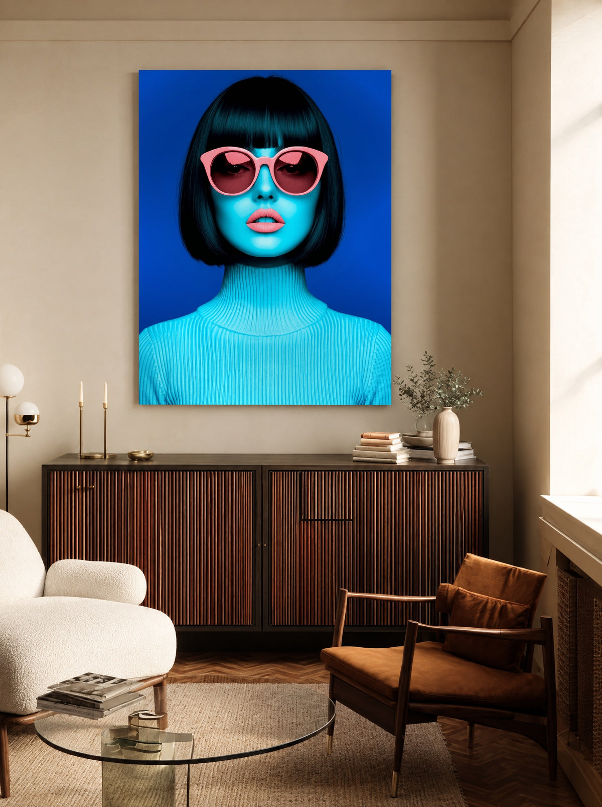 Neonblauw en Lippenroze als canvas zonder lijst aan de muur