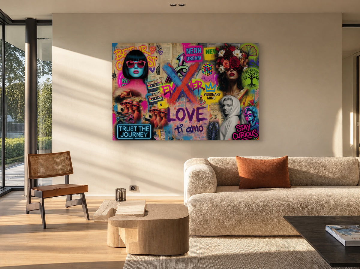 Neondromen en Rozengeheimen als canvas zonder lijst aan de muur