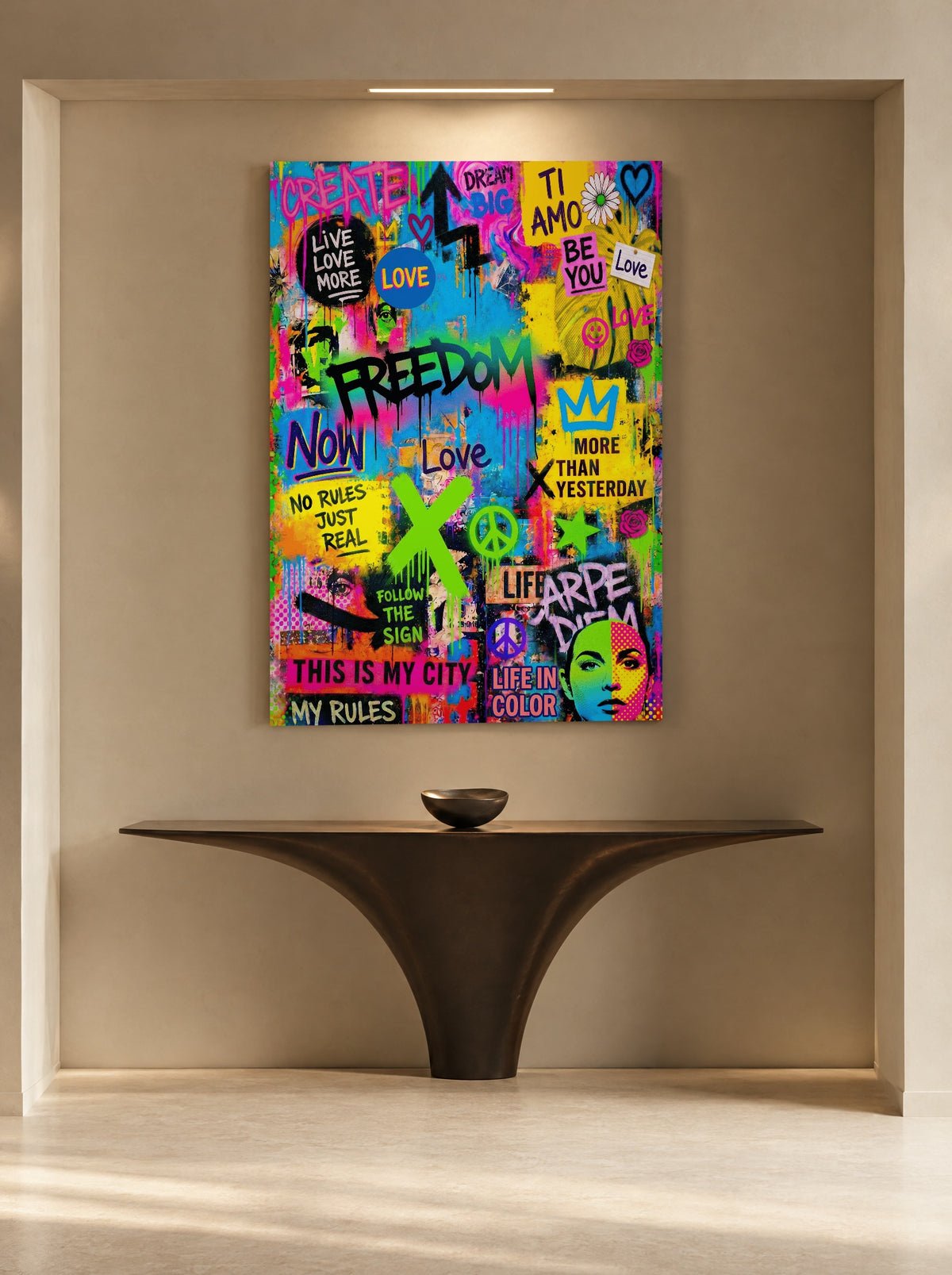 Neonhart Vol Vrijheid als canvas zonder lijst aan de muur