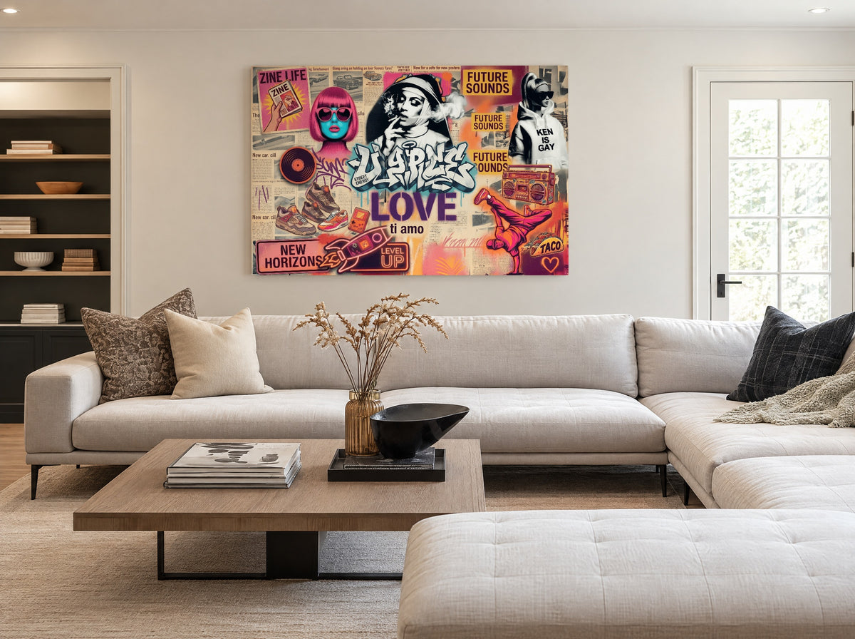 Neonrebel in Stadse Droomvlucht als canvas zonder lijst aan de muur