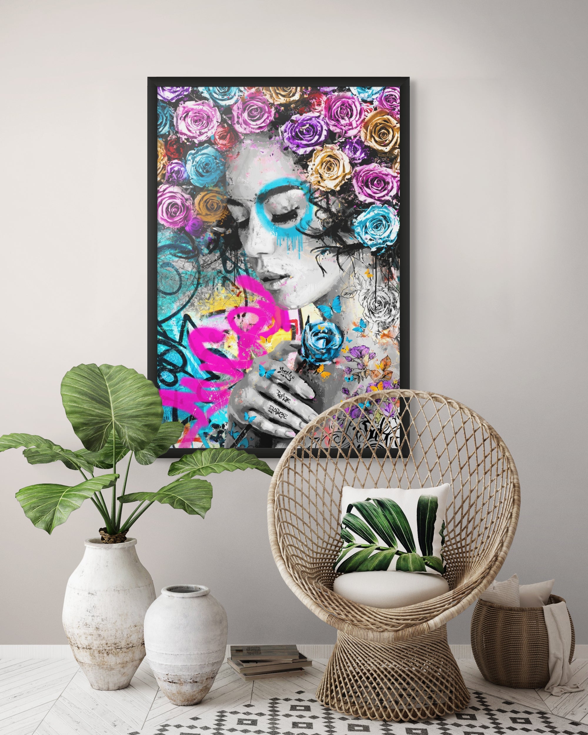 Neon Roos Abstract Wanddecoratie – Kleurrijke Moderne Canvas Print