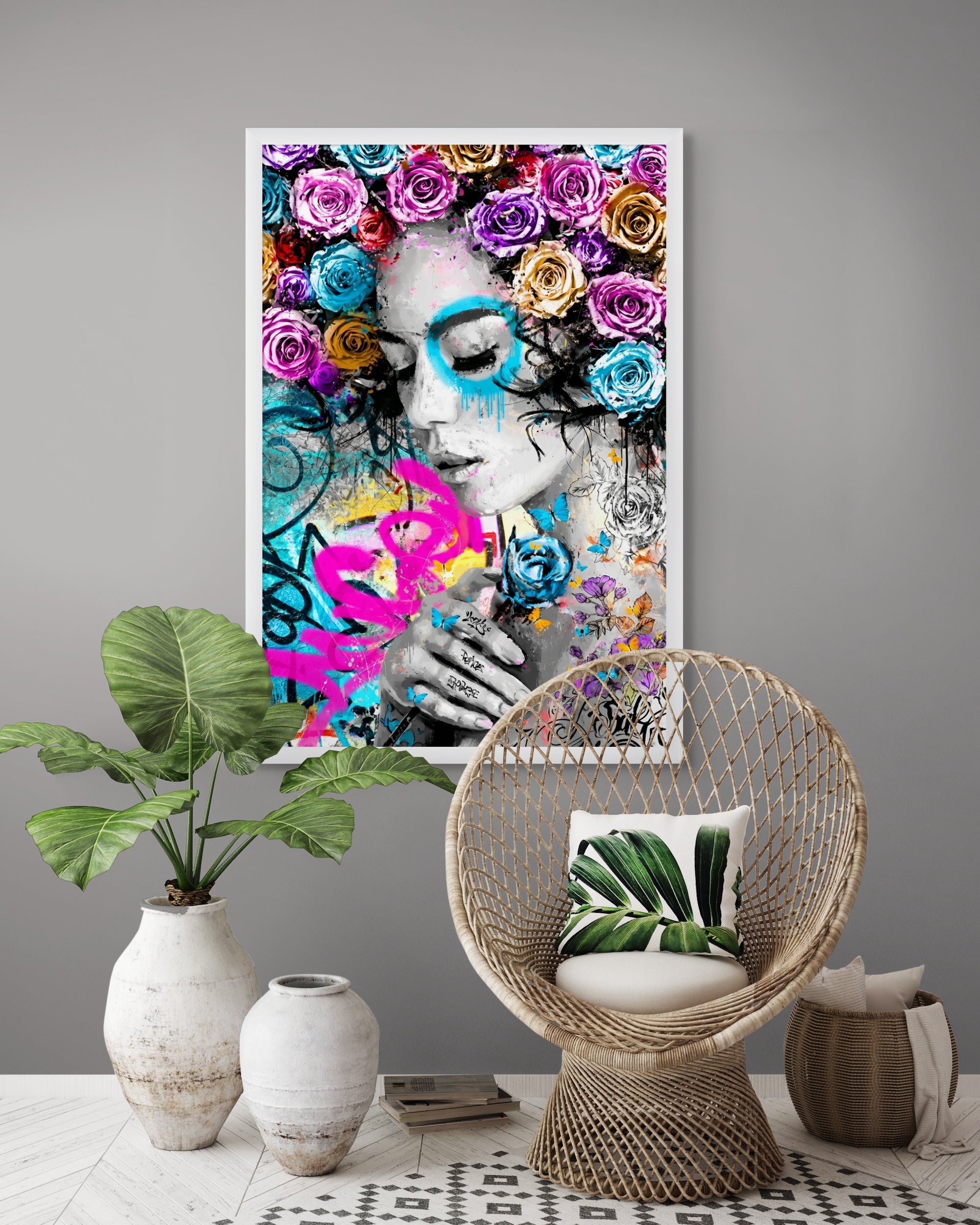 Neon Roos Abstract Wanddecoratie – Kleurrijke Moderne Canvas Print