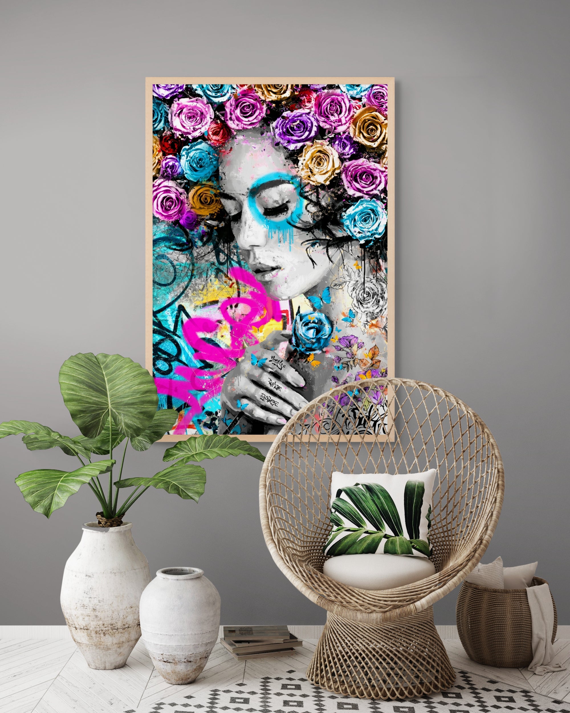 Neon Roos Abstract Wanddecoratie – Kleurrijke Moderne Canvas Print