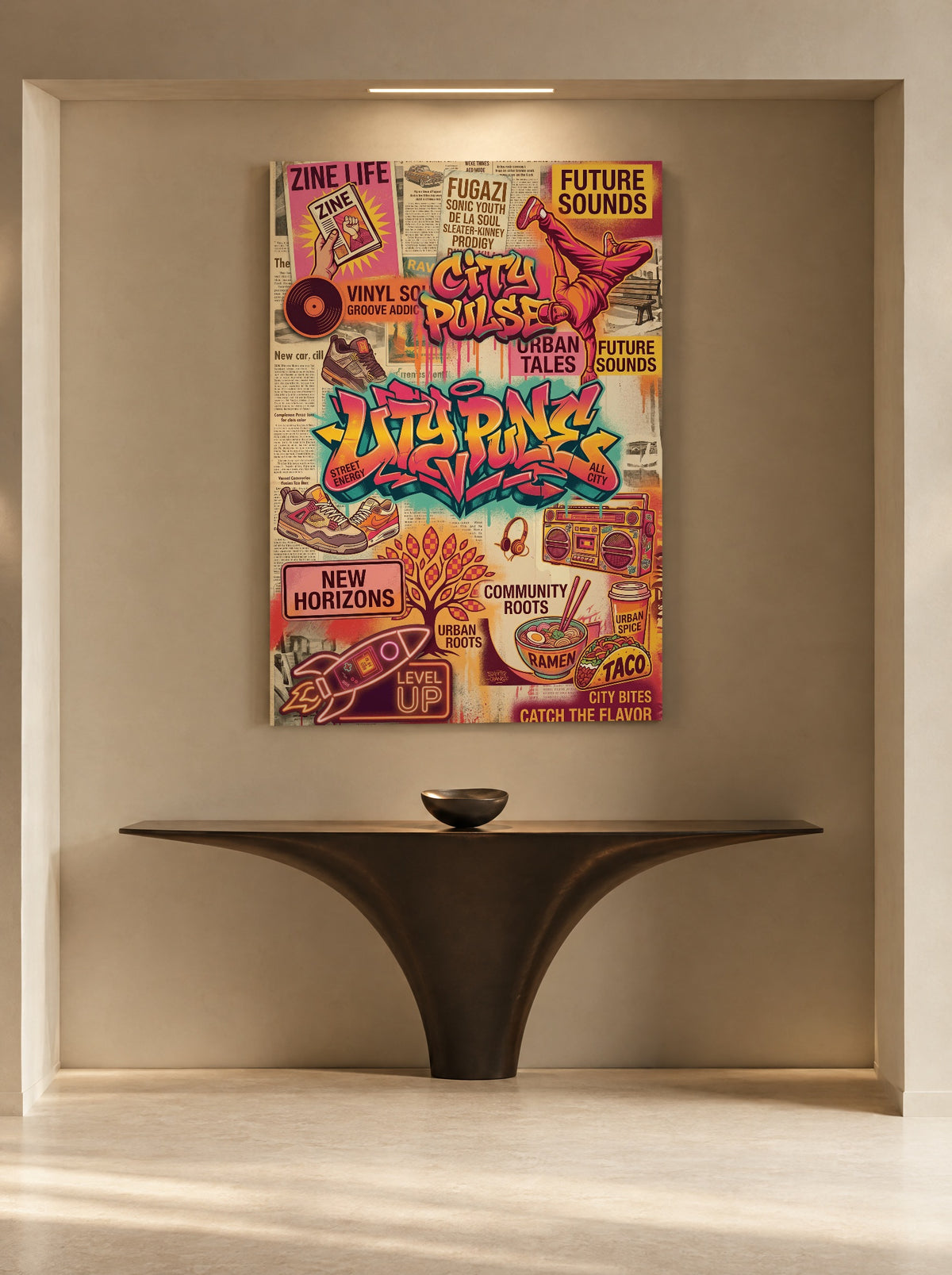 Neonstad met Ritme en Smaak als canvas zonder lijst aan de muur