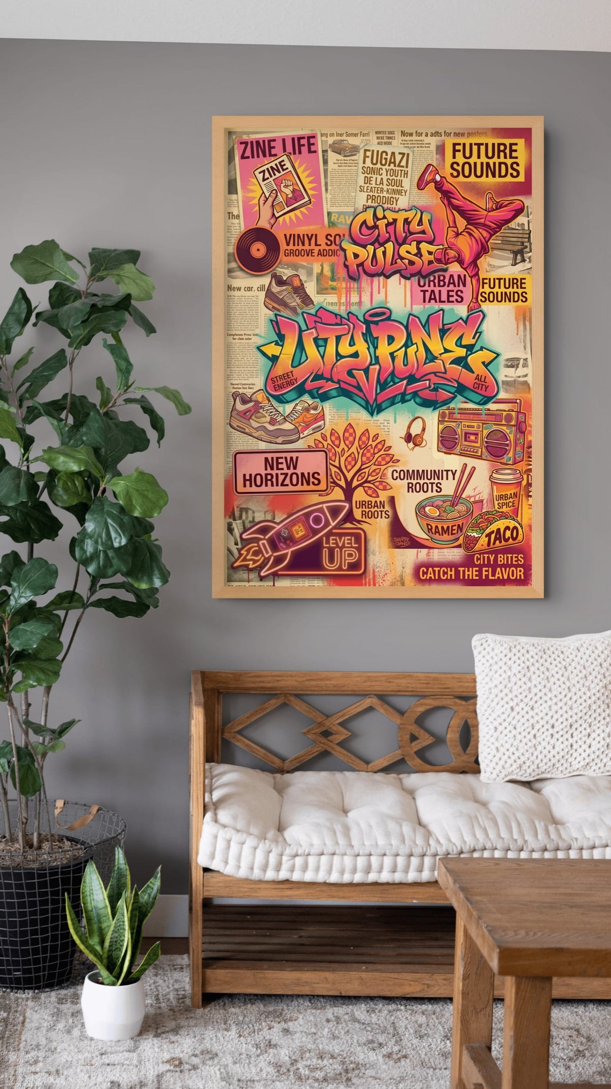 Neonstad met Ritme en Smaak Schilderij