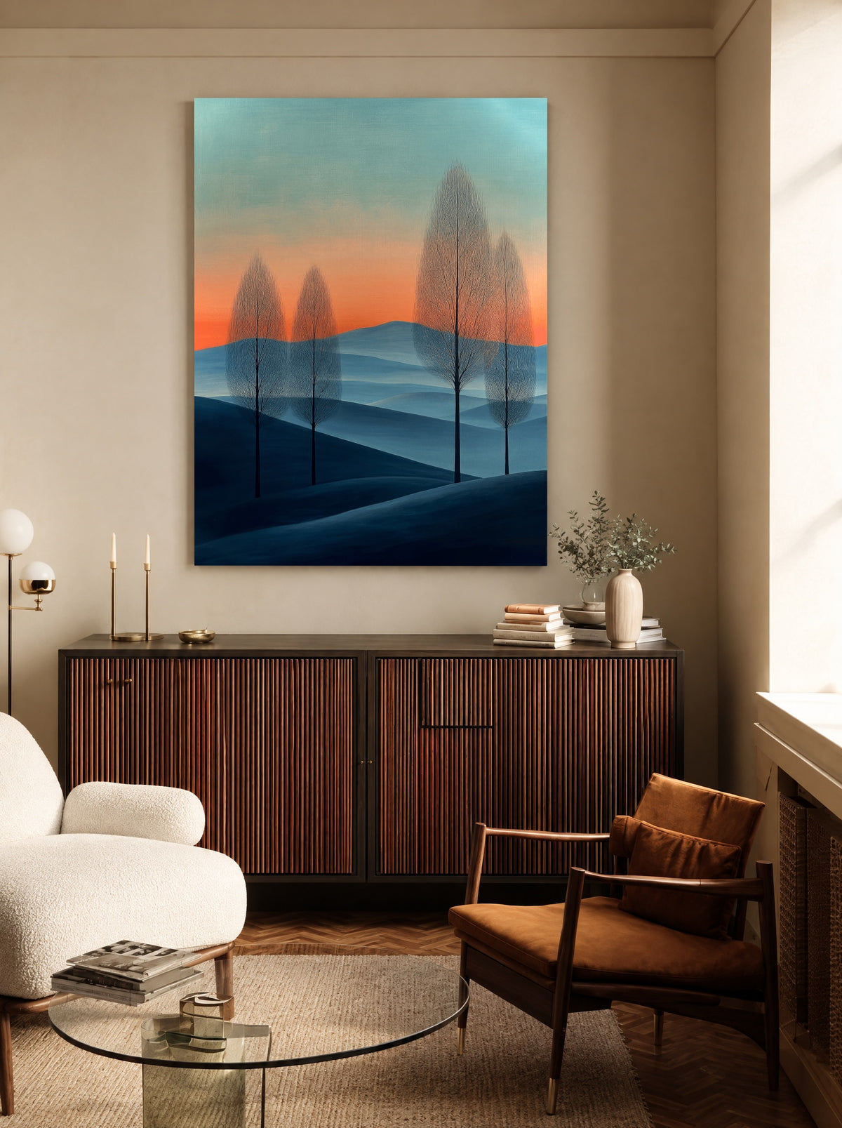 Nevelgloed bij Avondrood als canvas zonder lijst aan de muur