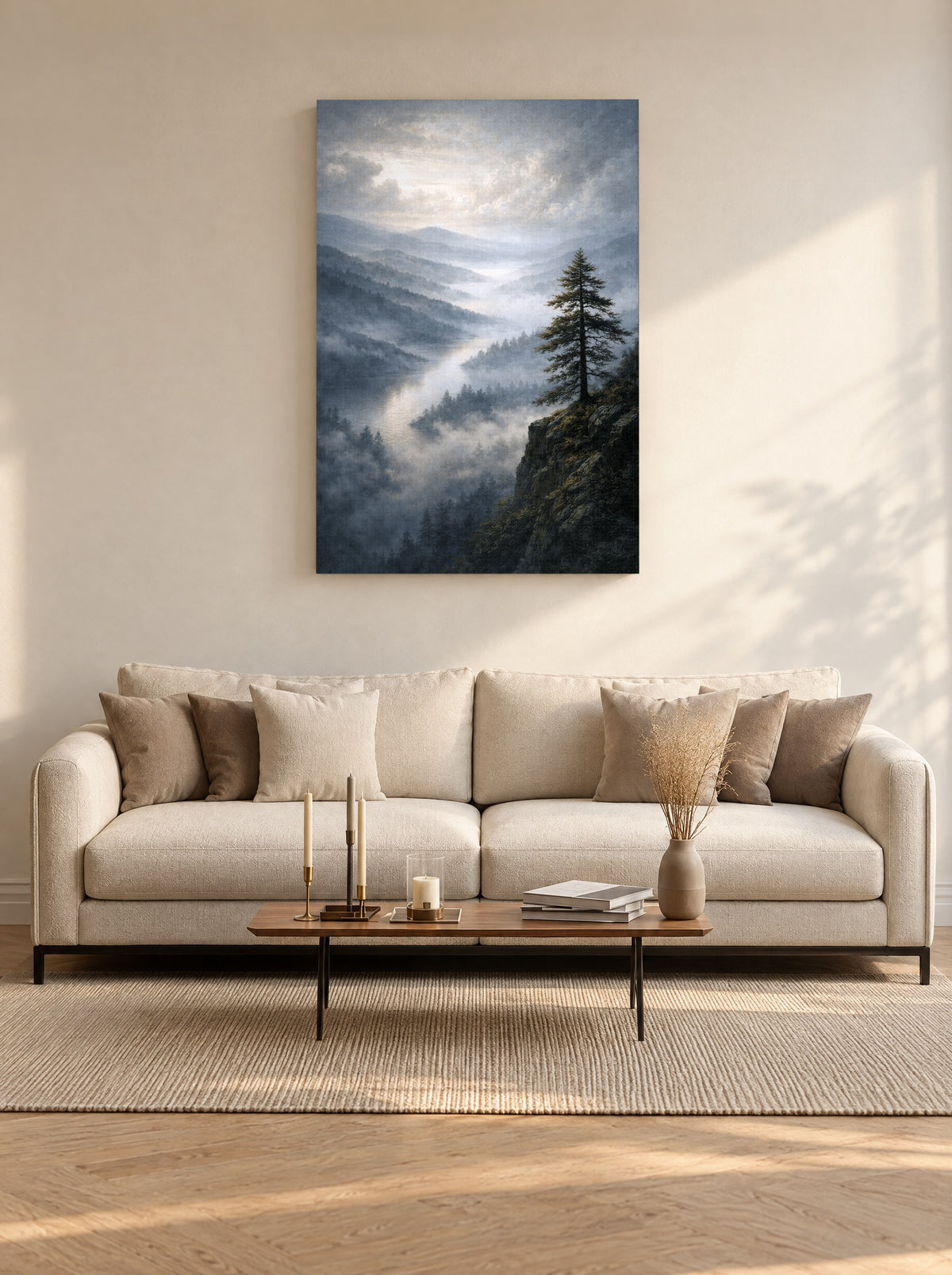Nevelpad door de Vallei als canvas zonder lijst aan de muur