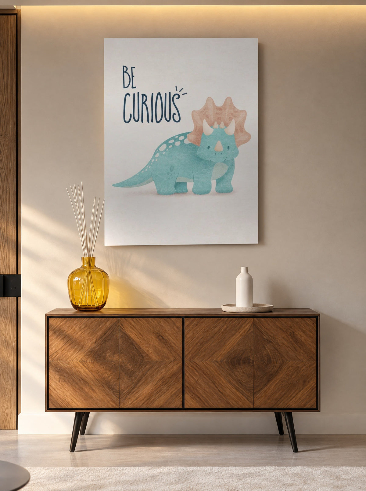 Nieuwsgierige Dino Droompoot als canvas zonder lijst aan de muur
