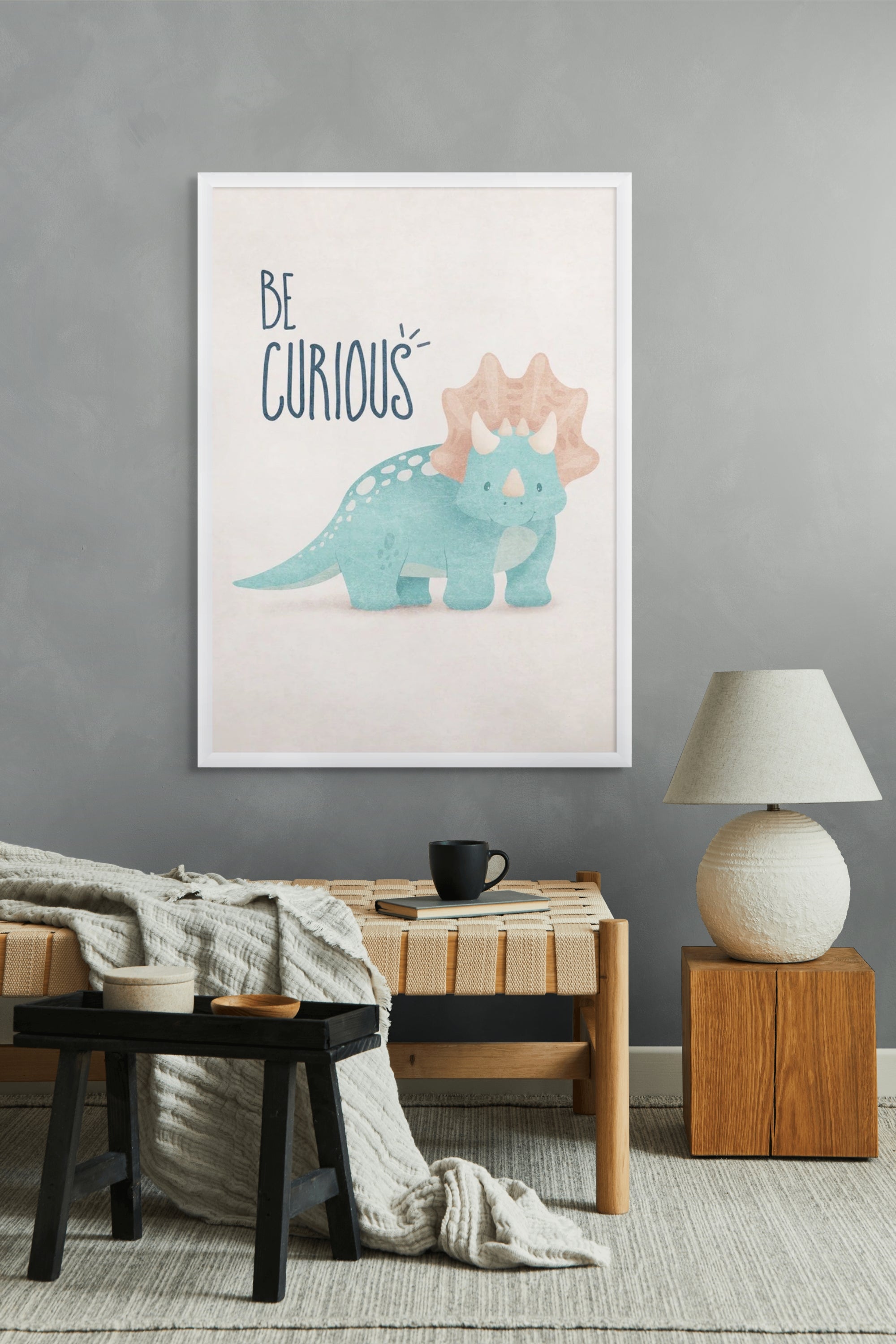 Nieuwsgierige Dino Droompoot Wanddecoratie – Speels Kinderkamer Canvas Print