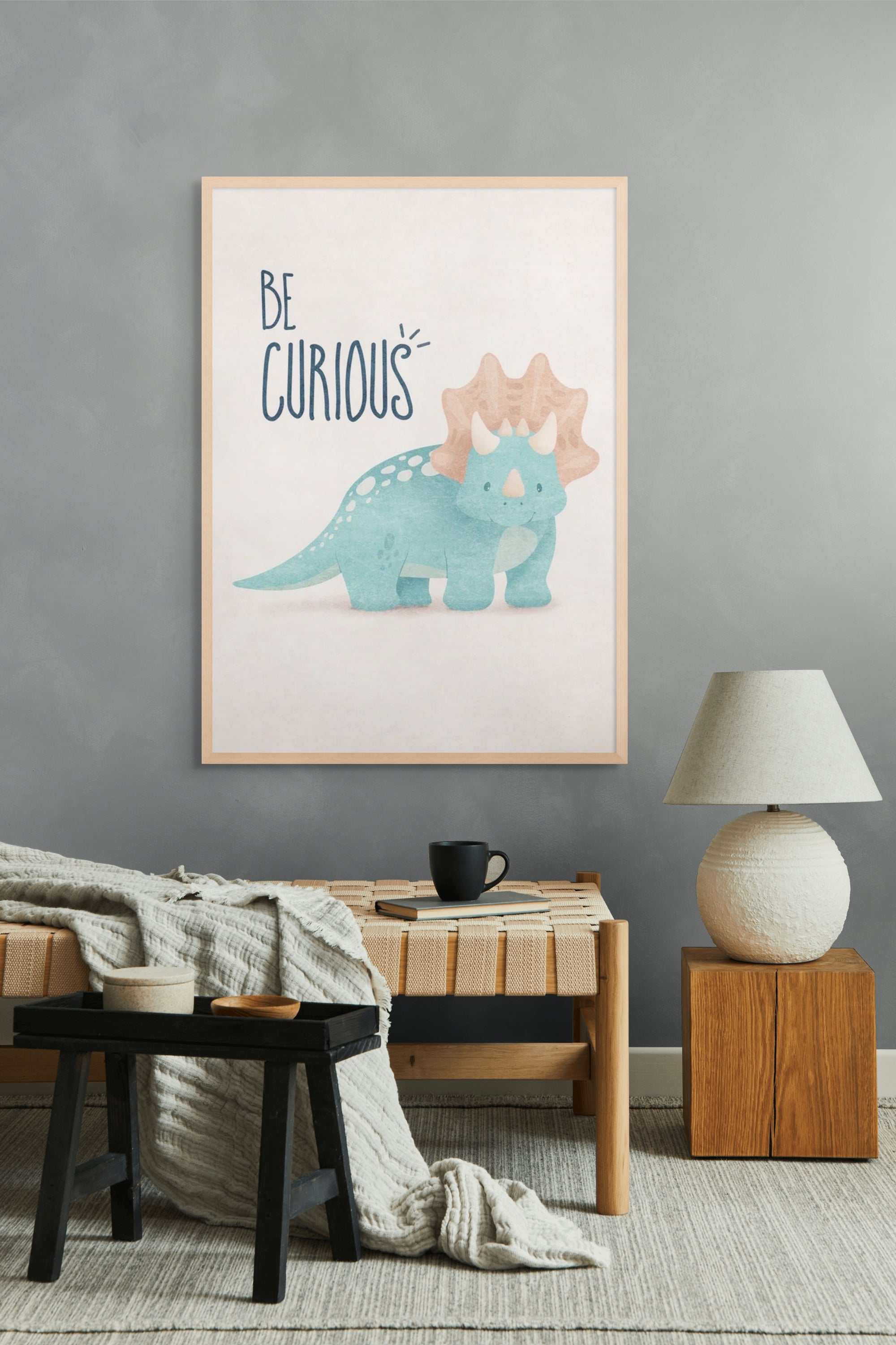 Nieuwsgierige Dino Droompoot Wanddecoratie – Speels Kinderkamer Canvas Print