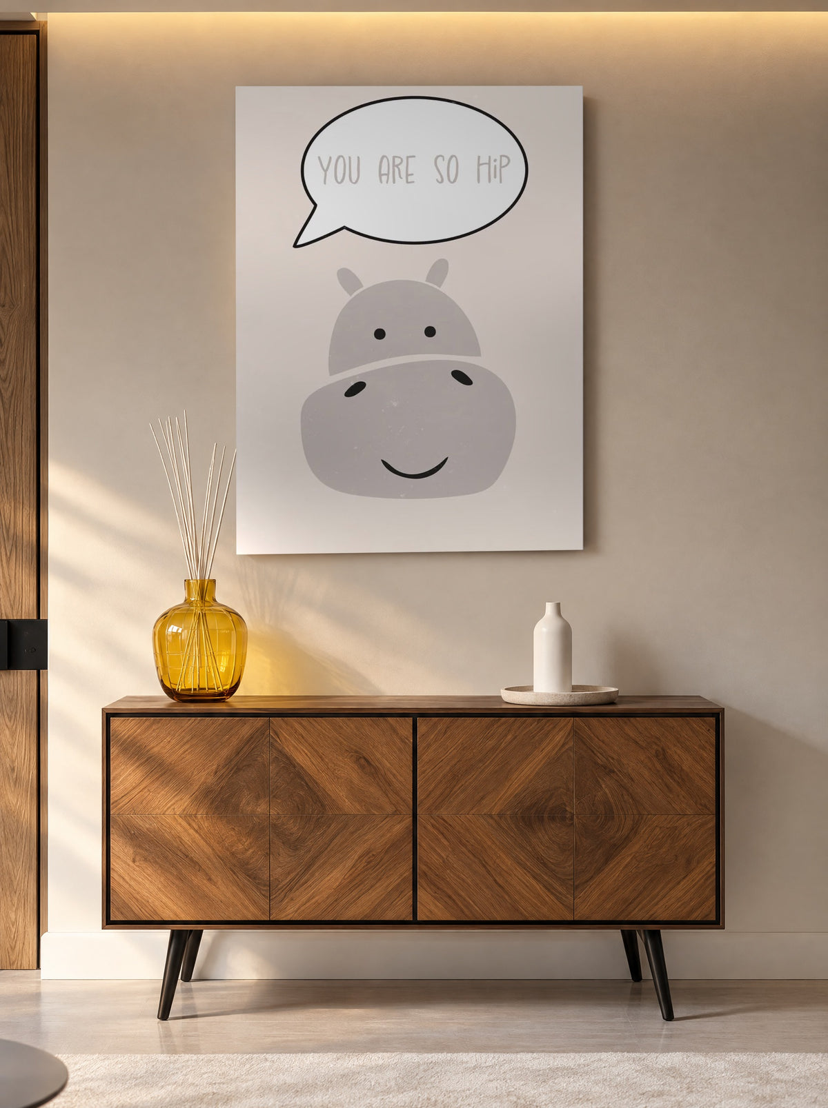 Nijlpaard met Grote Praatjes als canvas zonder lijst aan de muur